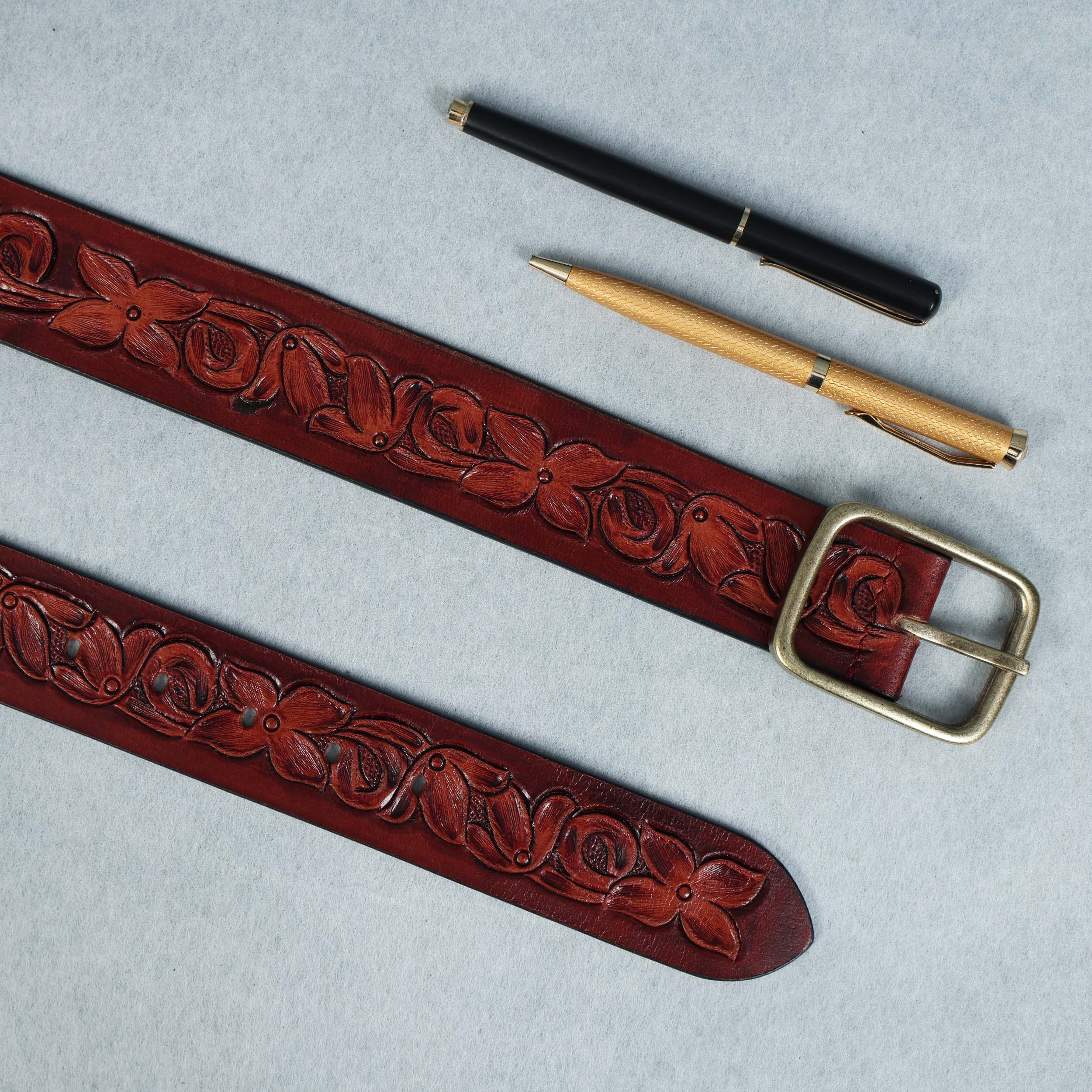 Unisex Handcrafted Floral Leather Belt Vintage Brass Buckle Artisan Carved Waistwear - Image 8