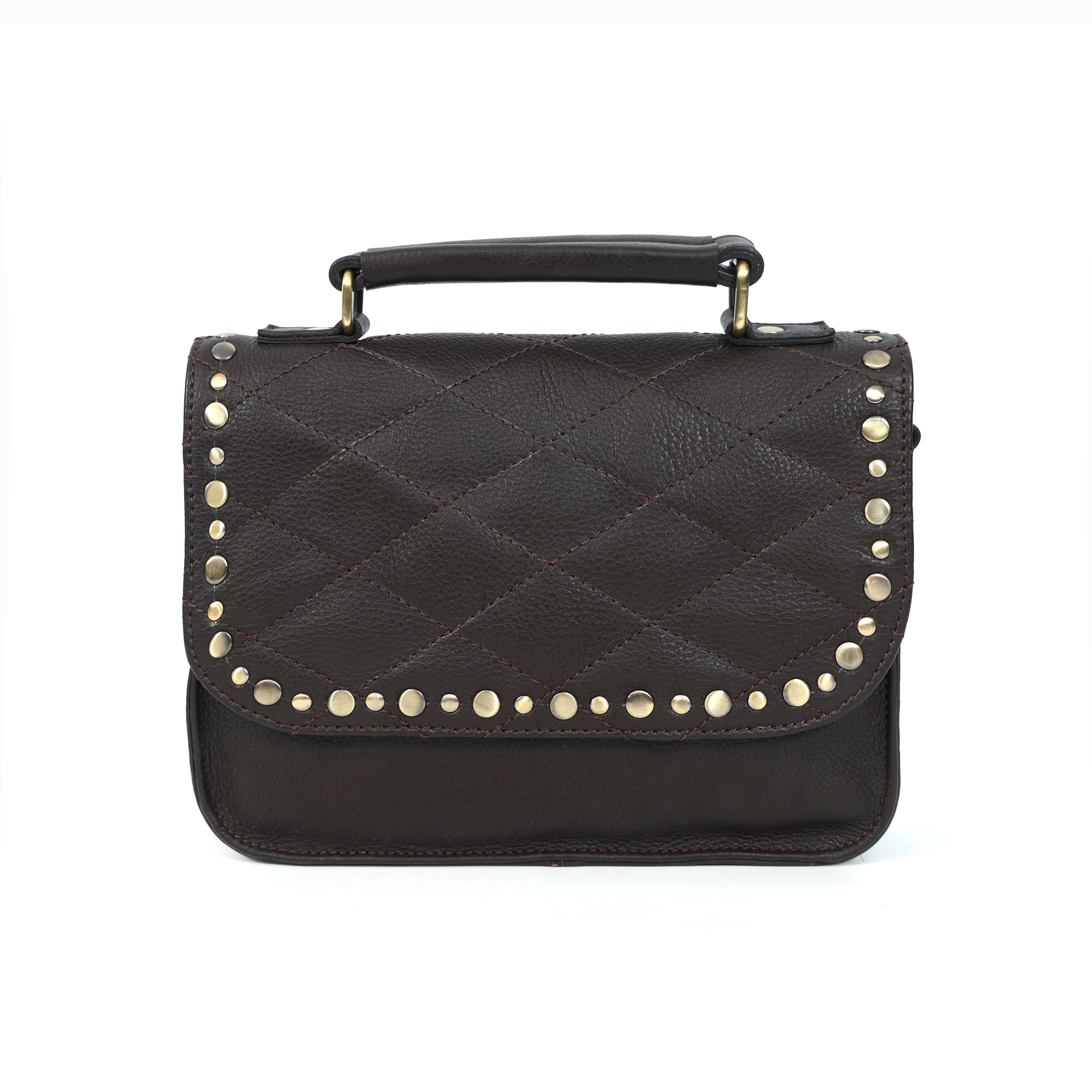Premium  Quilted Leather Crossbody Bag with Stud Detail, Zip Pocket & Detachable Strap - Image 11