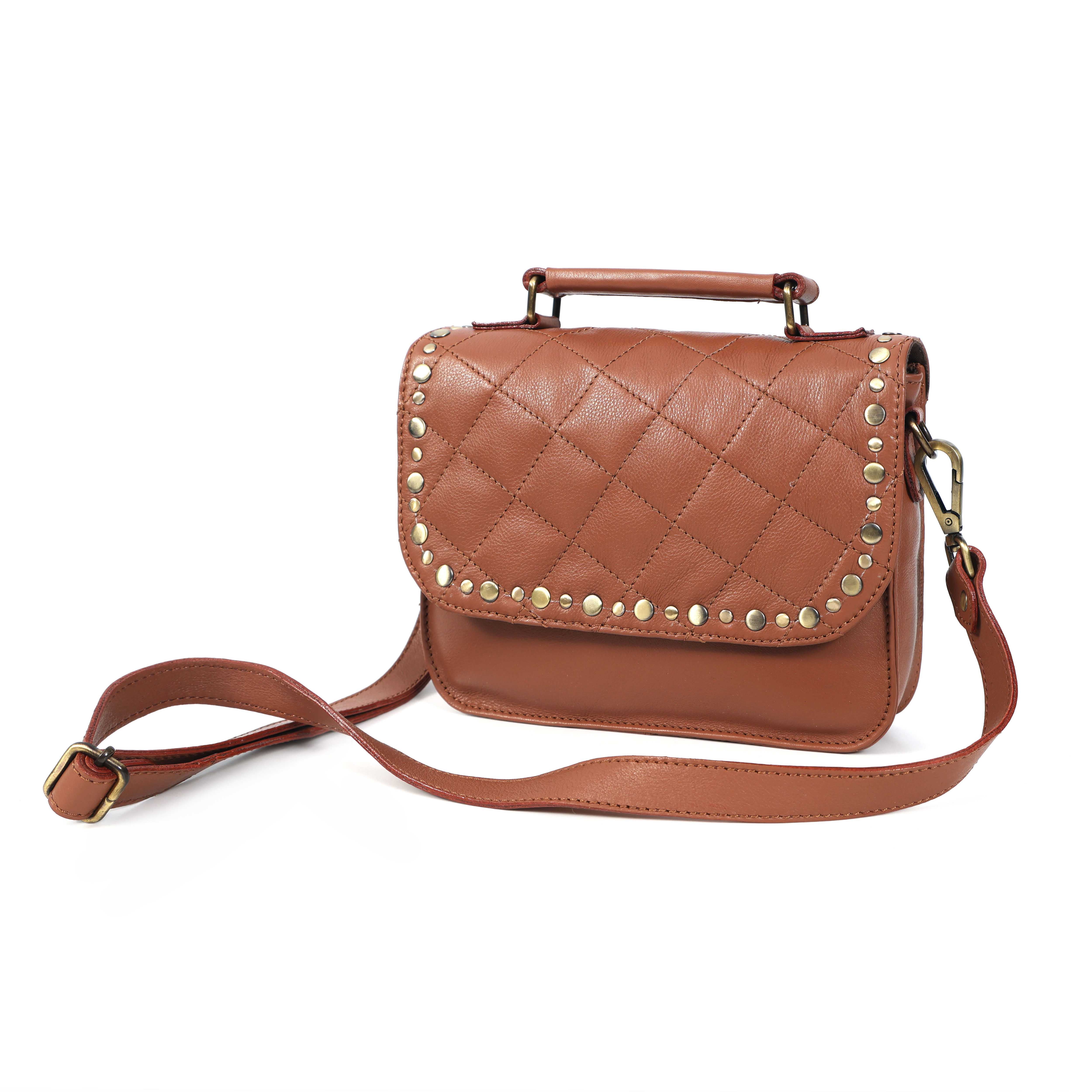 Premium  Quilted Leather Crossbody Bag with Stud Detail, Zip Pocket & Detachable Strap - Image 12