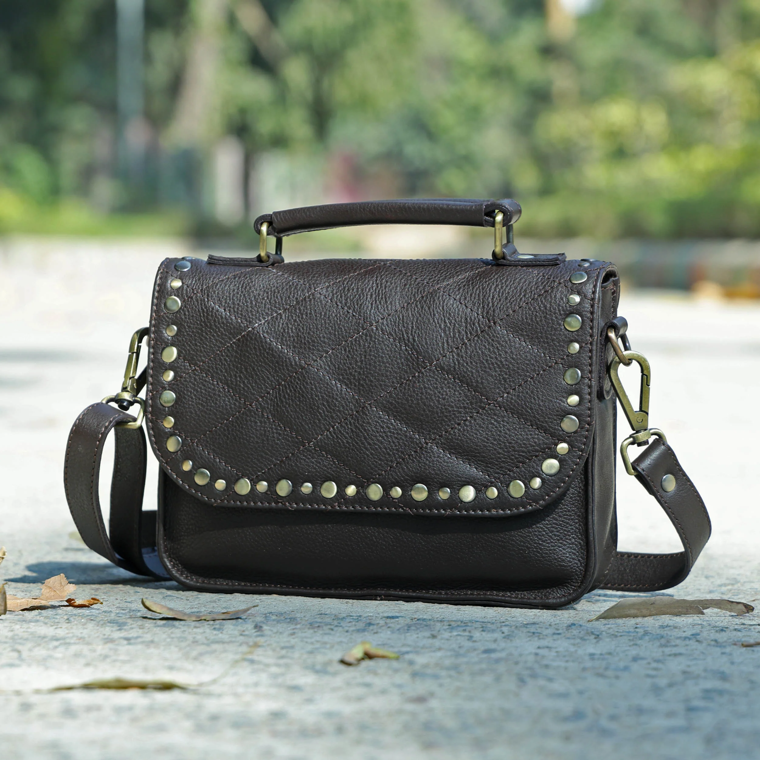 Premium  Quilted Leather Crossbody Bag with Stud Detail, Zip Pocket & Detachable Strap - Image 2