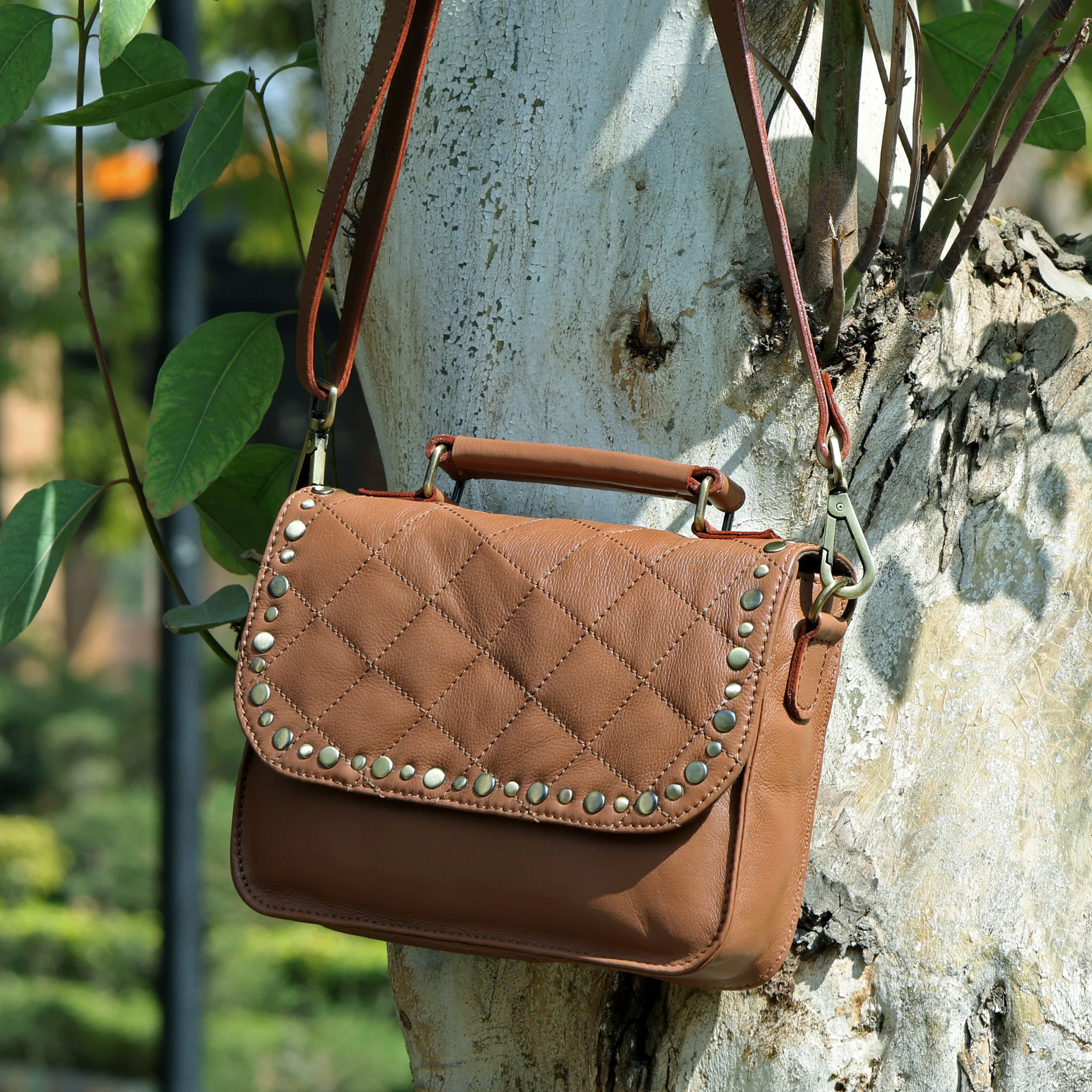 Premium  Quilted Leather Crossbody Bag with Stud Detail, Zip Pocket & Detachable Strap - Image 21