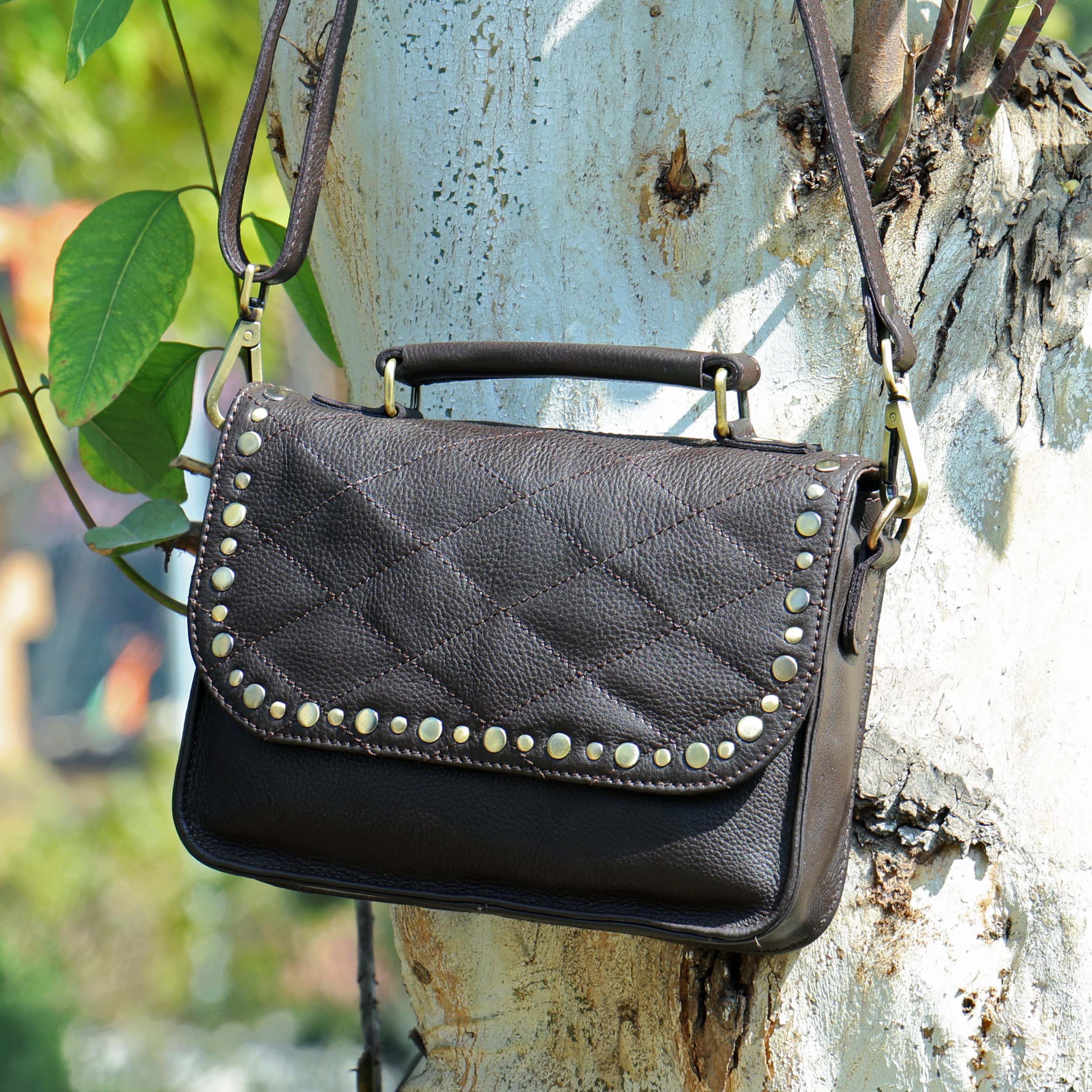 Premium  Quilted Leather Crossbody Bag with Stud Detail, Zip Pocket & Detachable Strap - Image 22