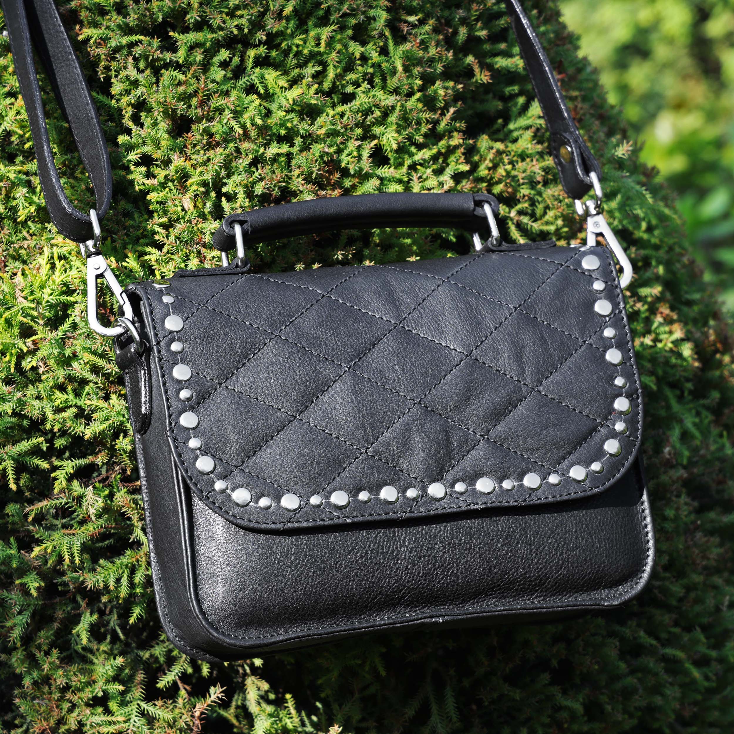 Premium  Quilted Leather Crossbody Bag with Stud Detail, Zip Pocket & Detachable Strap - Image 23
