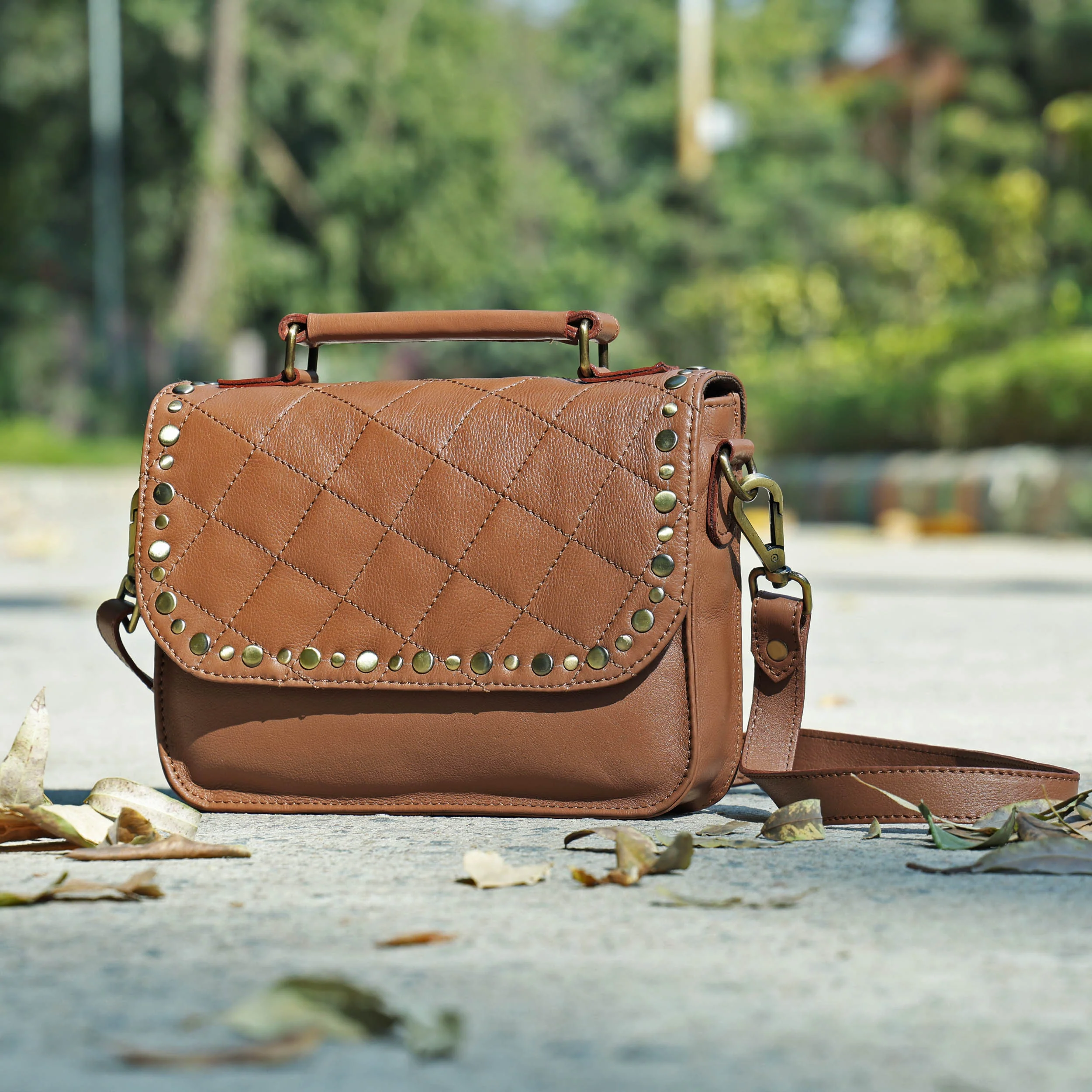 Premium  Quilted Leather Crossbody Bag with Stud Detail, Zip Pocket & Detachable Strap - Image 3