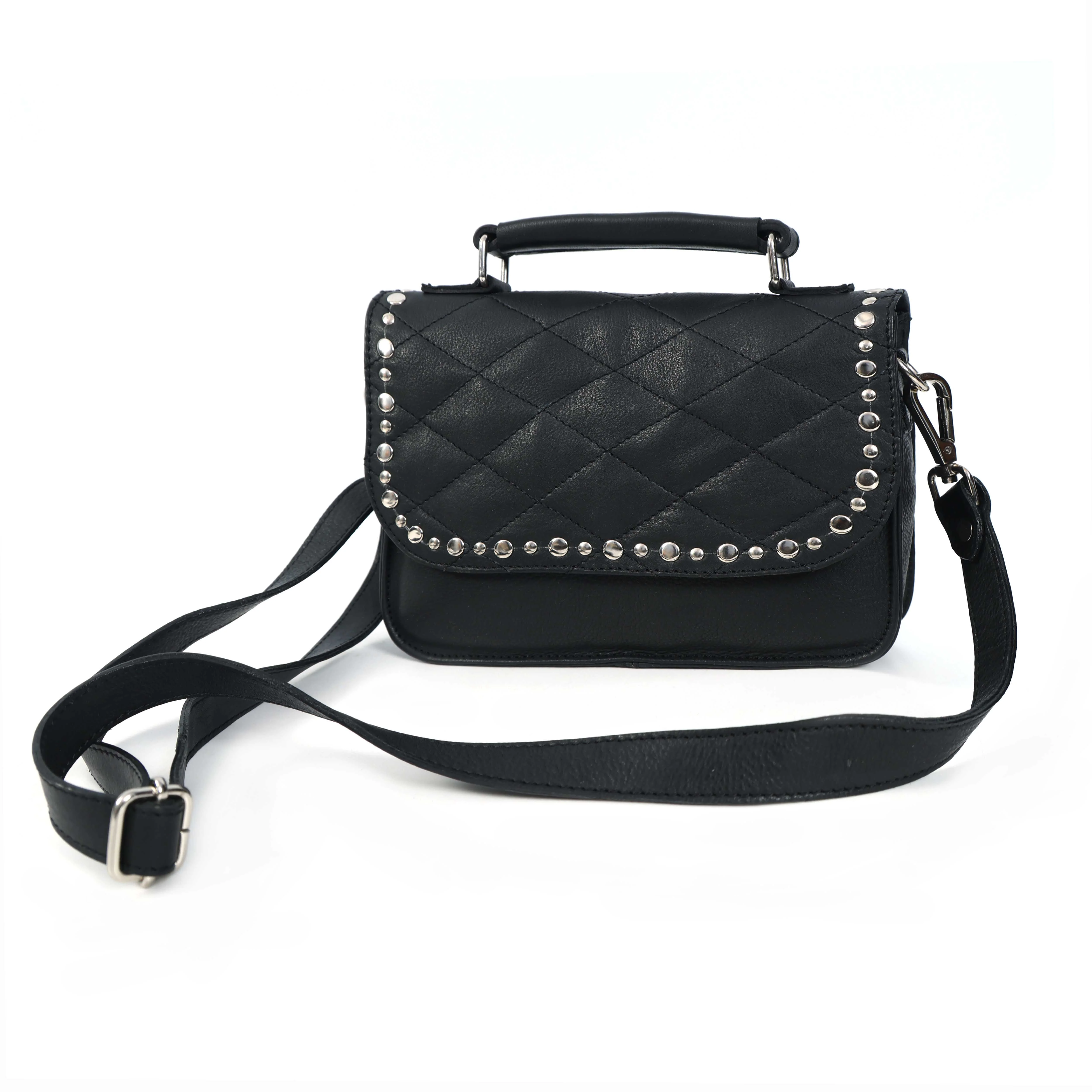 Premium  Quilted Leather Crossbody Bag with Stud Detail, Zip Pocket & Detachable Strap - Image 4