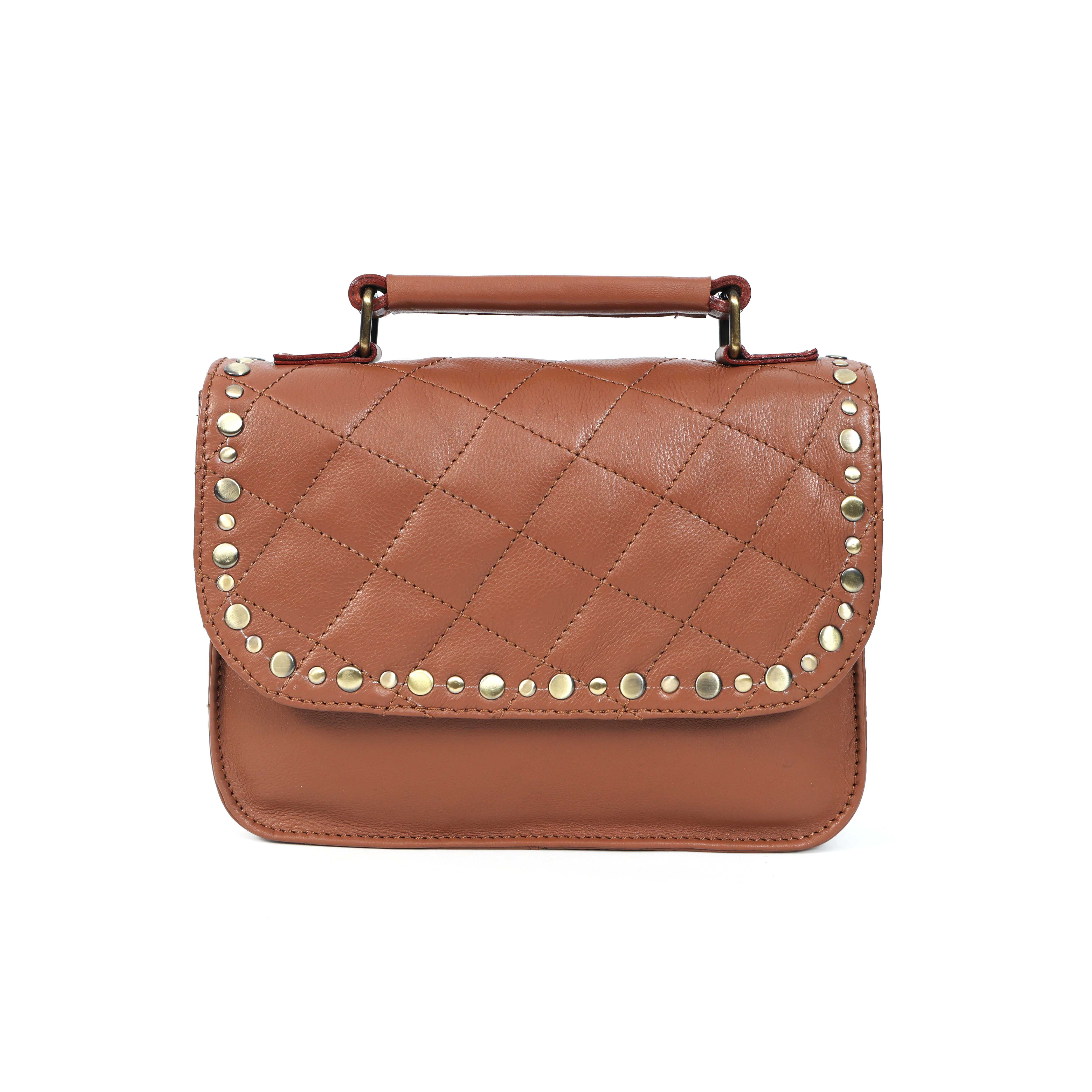 Premium  Quilted Leather Crossbody Bag with Stud Detail, Zip Pocket & Detachable Strap - Image 5