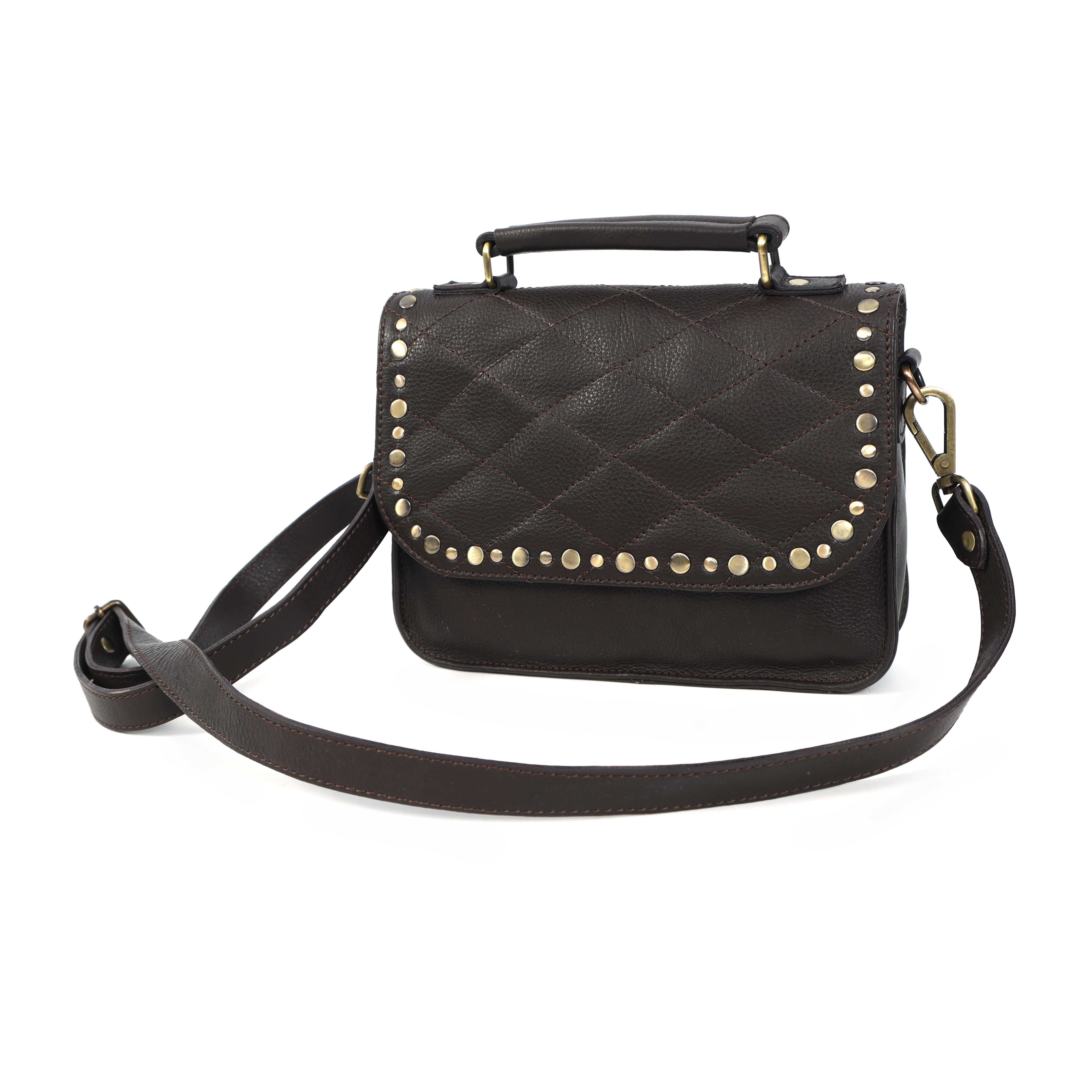 Premium  Quilted Leather Crossbody Bag with Stud Detail, Zip Pocket & Detachable Strap - Image 6