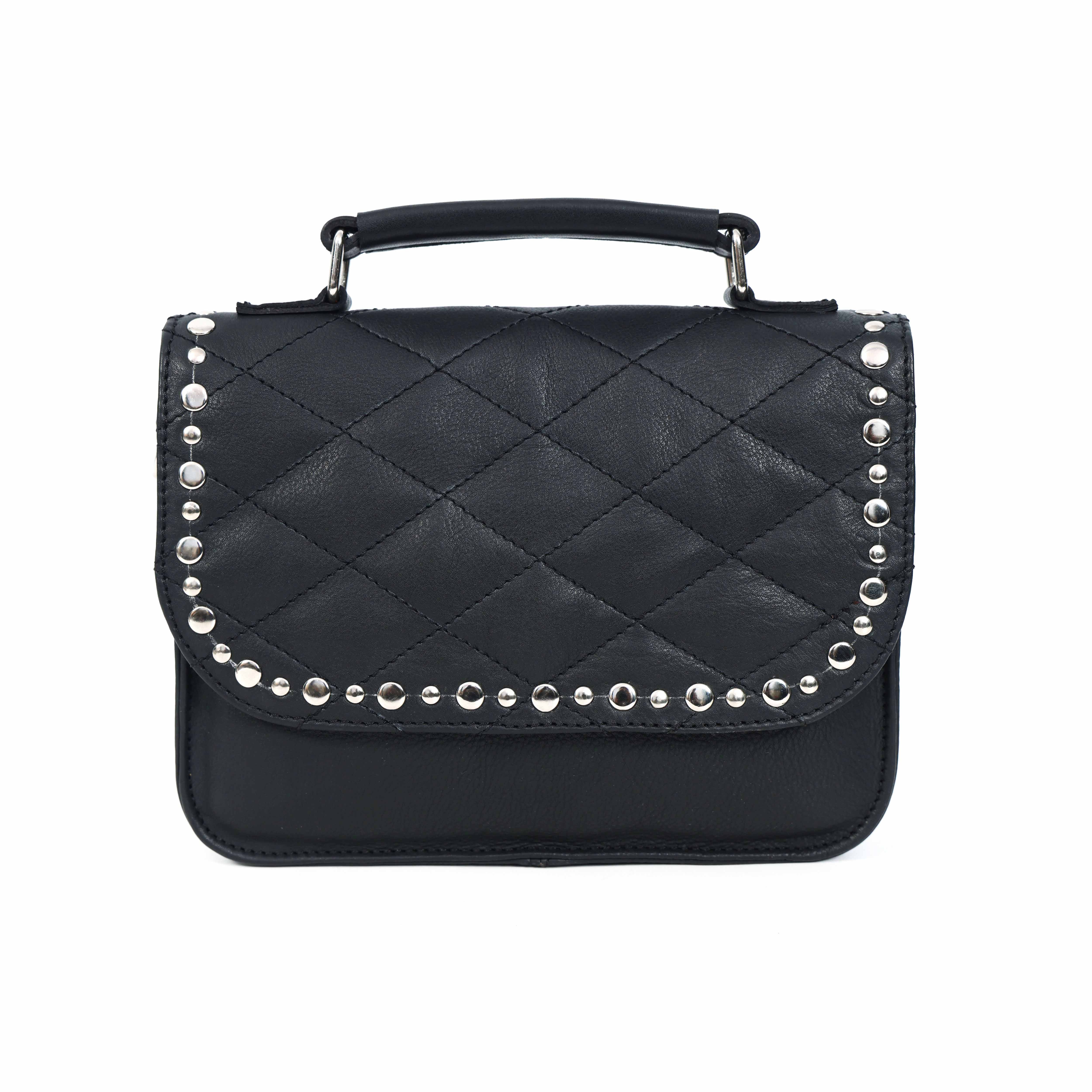 Premium  Quilted Leather Crossbody Bag with Stud Detail, Zip Pocket & Detachable Strap - Image 7