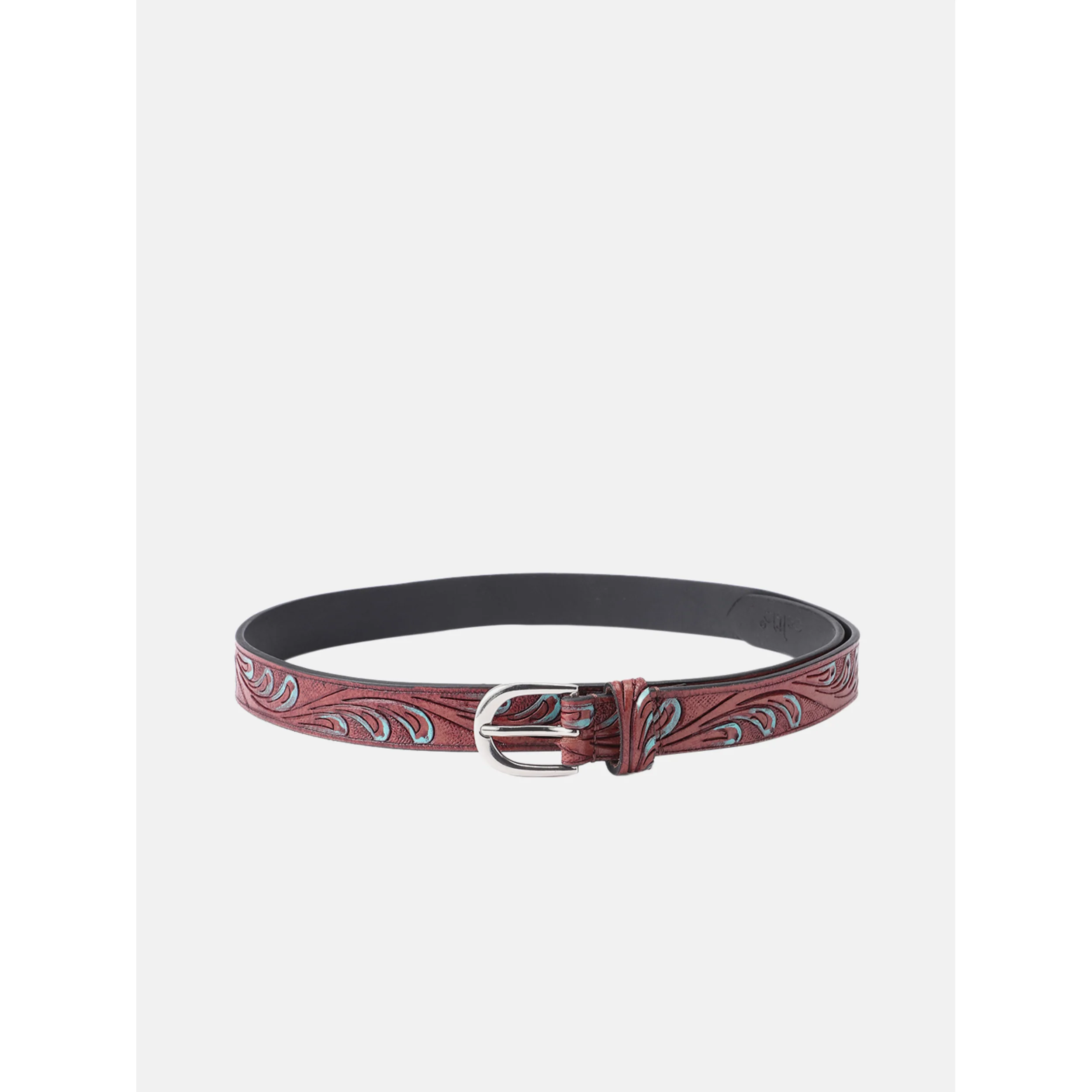 Premium Handcrafted Brown Tooled Leather Waistbelt Turquoise Inlay Vintage Buckle - Image 2