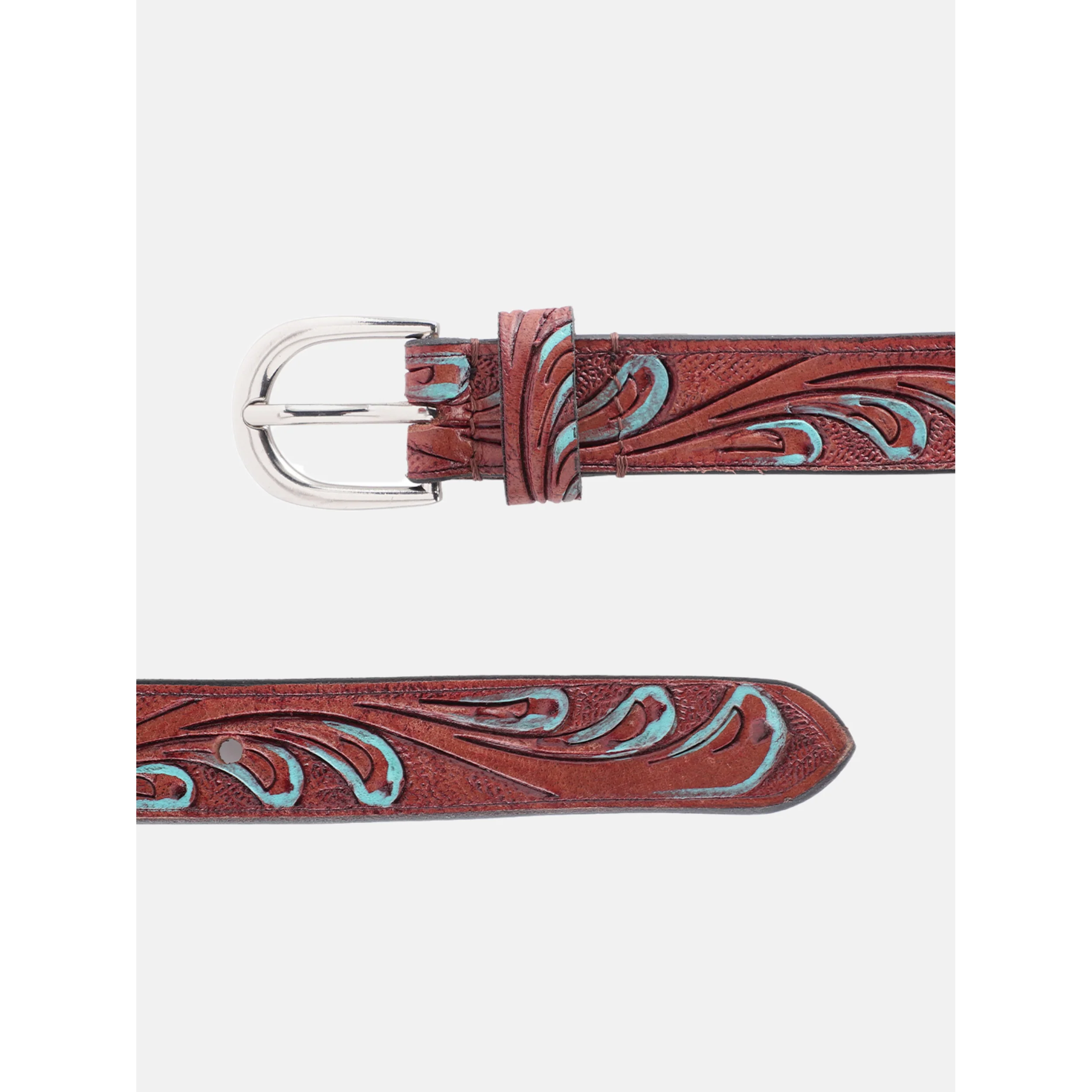 Premium Handcrafted Brown Tooled Leather Waistbelt Turquoise Inlay Vintage Buckle - Image 4