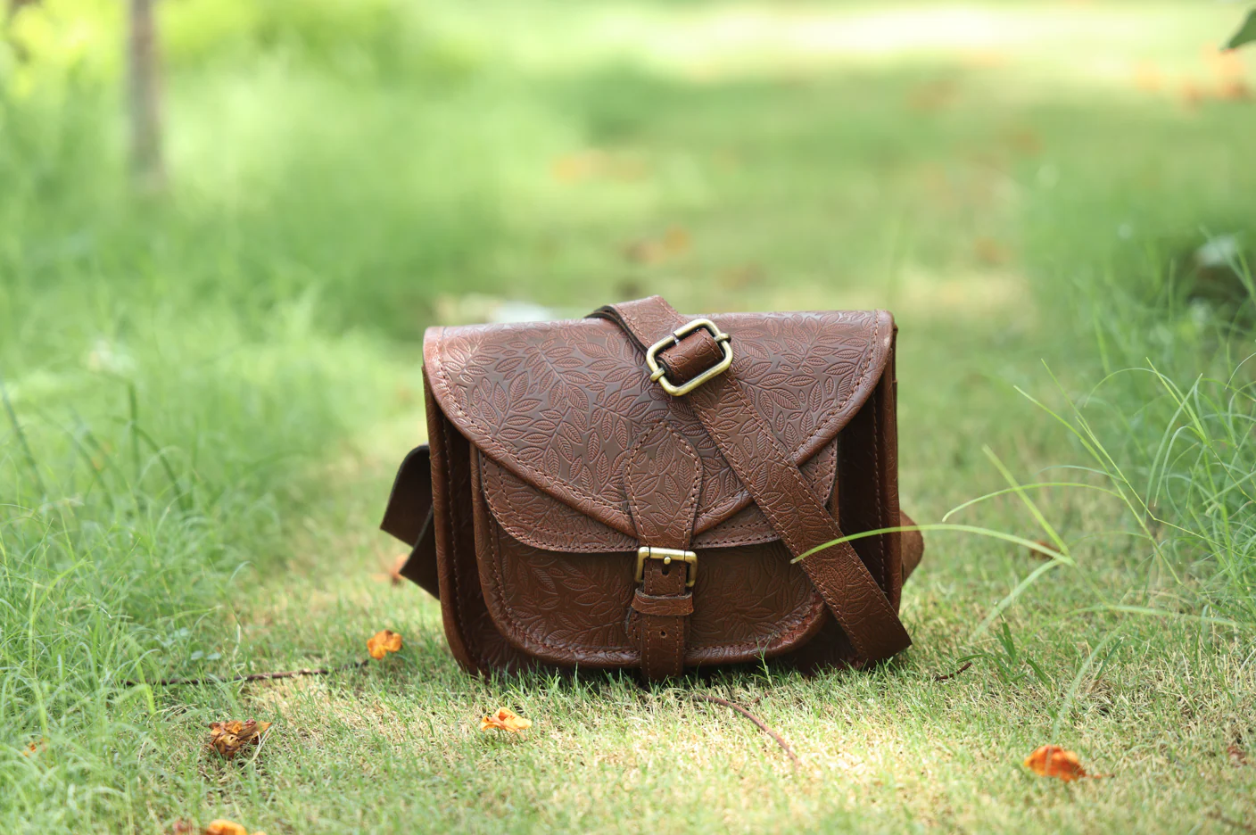 Vintage Floral Embossed Leather Sling Bag with Front Pocket Handcrafted Crossbody - Image 13
