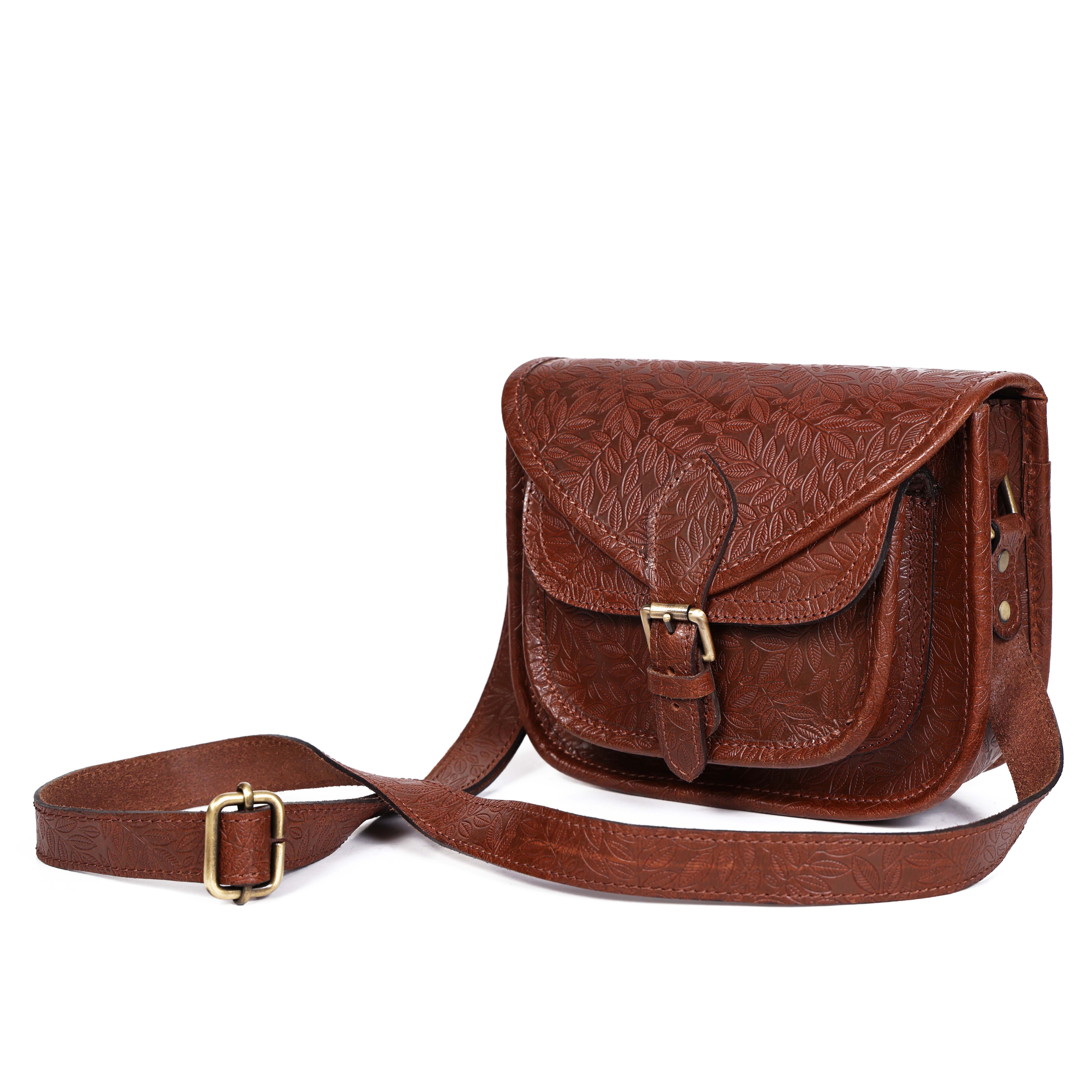 Vintage Floral Embossed Leather Sling Bag with Front Pocket Handcrafted Crossbody - Image 14