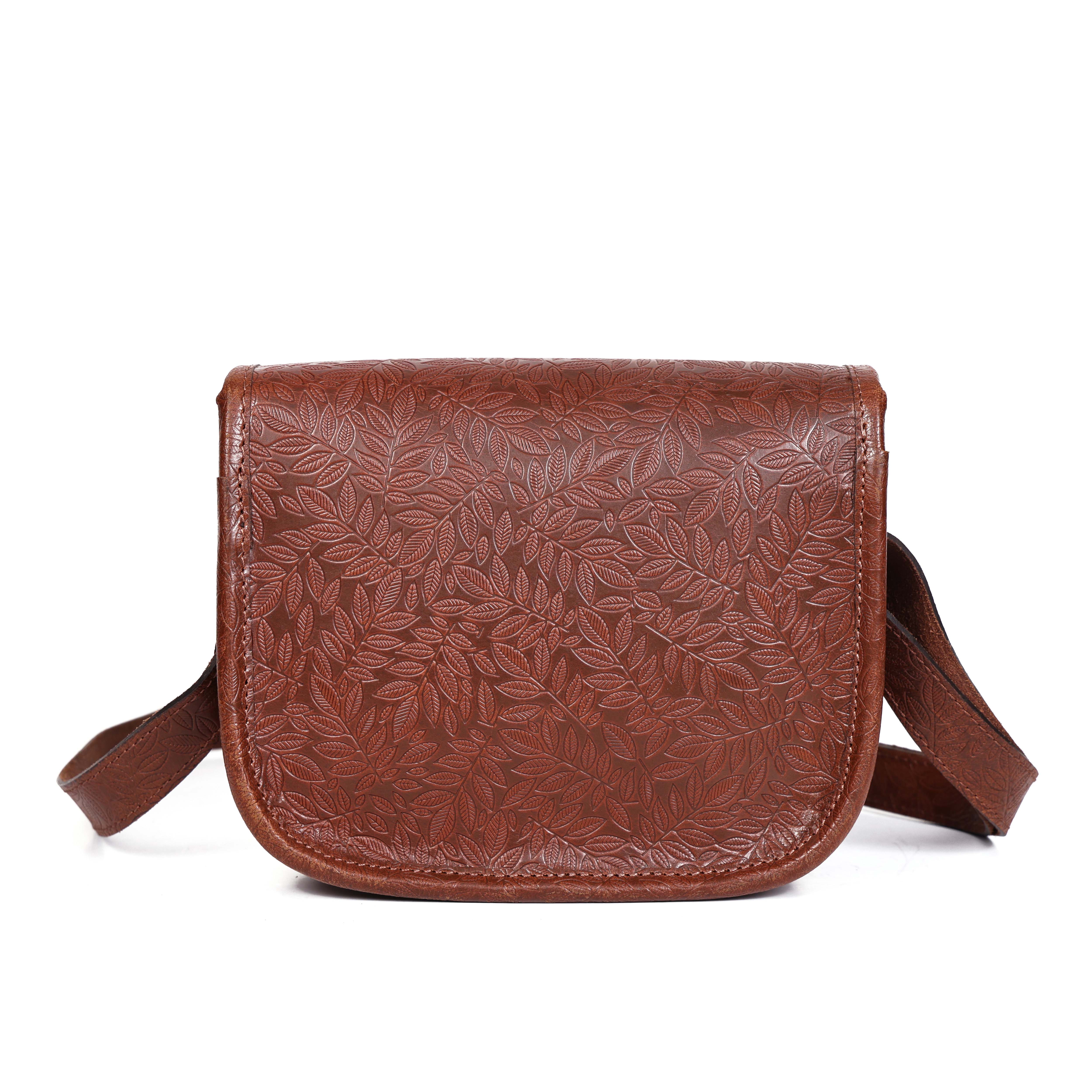 Vintage Floral Embossed Leather Sling Bag with Front Pocket Handcrafted Crossbody - Image 15