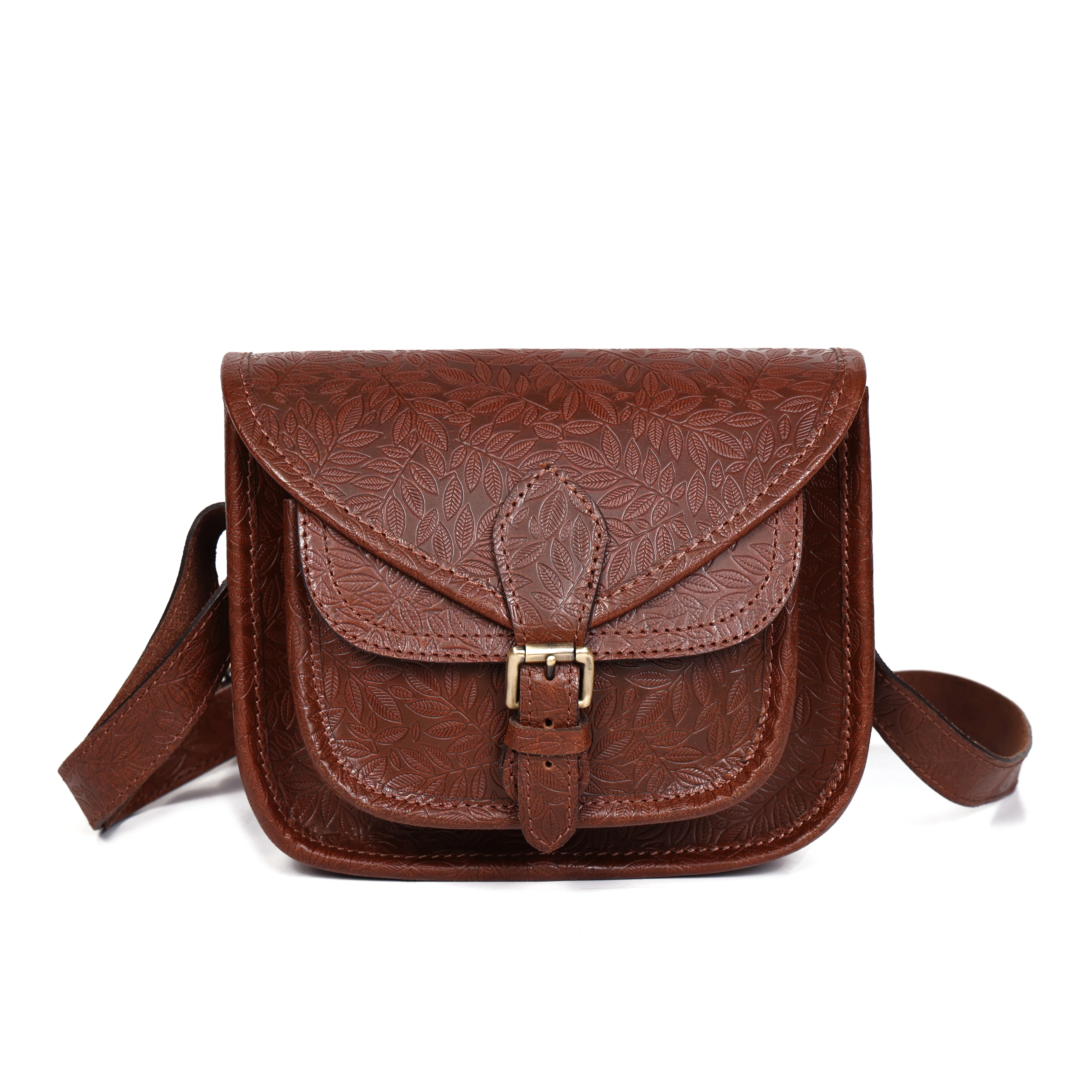 Vintage Floral Embossed Leather Sling Bag with Front Pocket Handcrafted Crossbody - Image 16