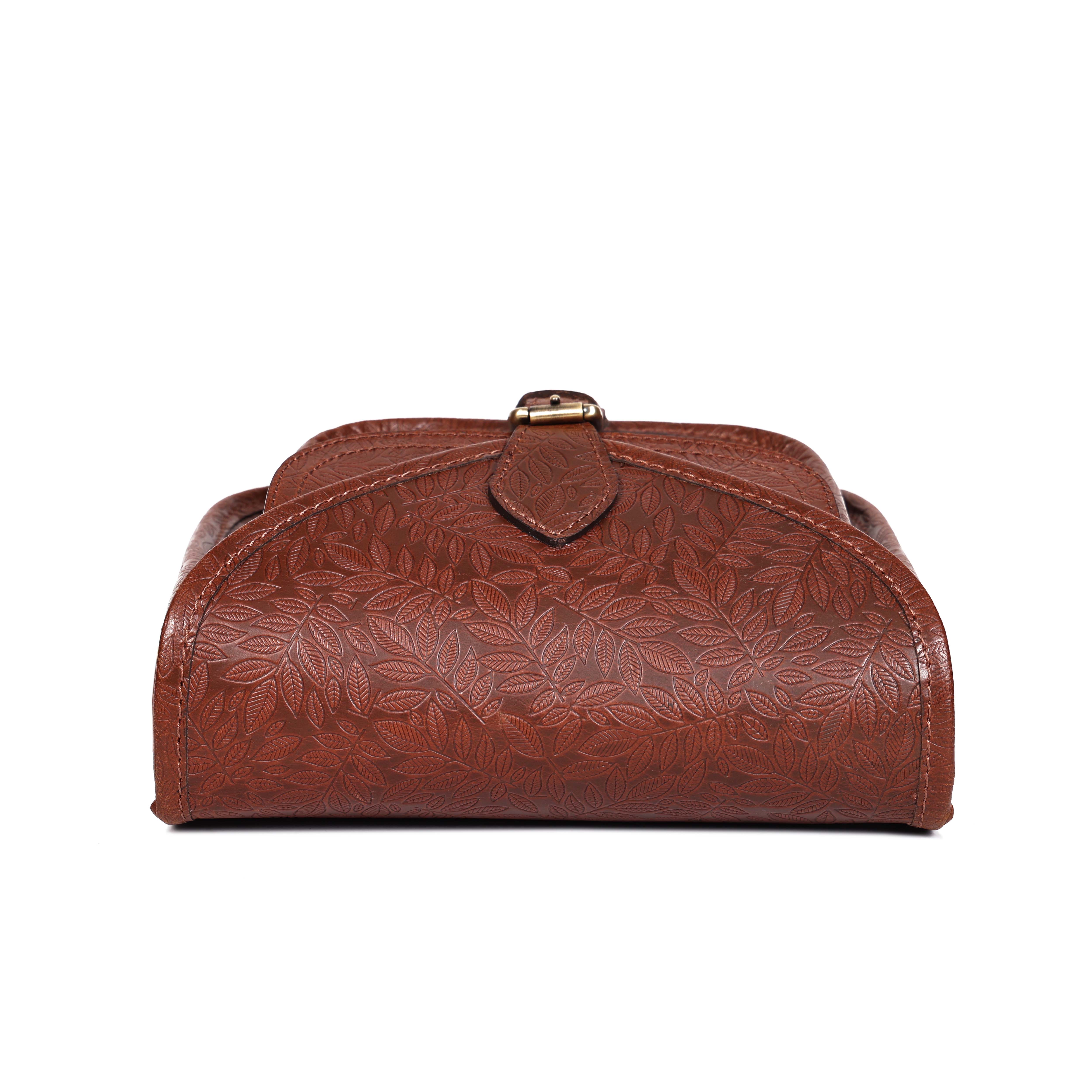 Vintage Floral Embossed Leather Sling Bag with Front Pocket Handcrafted Crossbody - Image 17