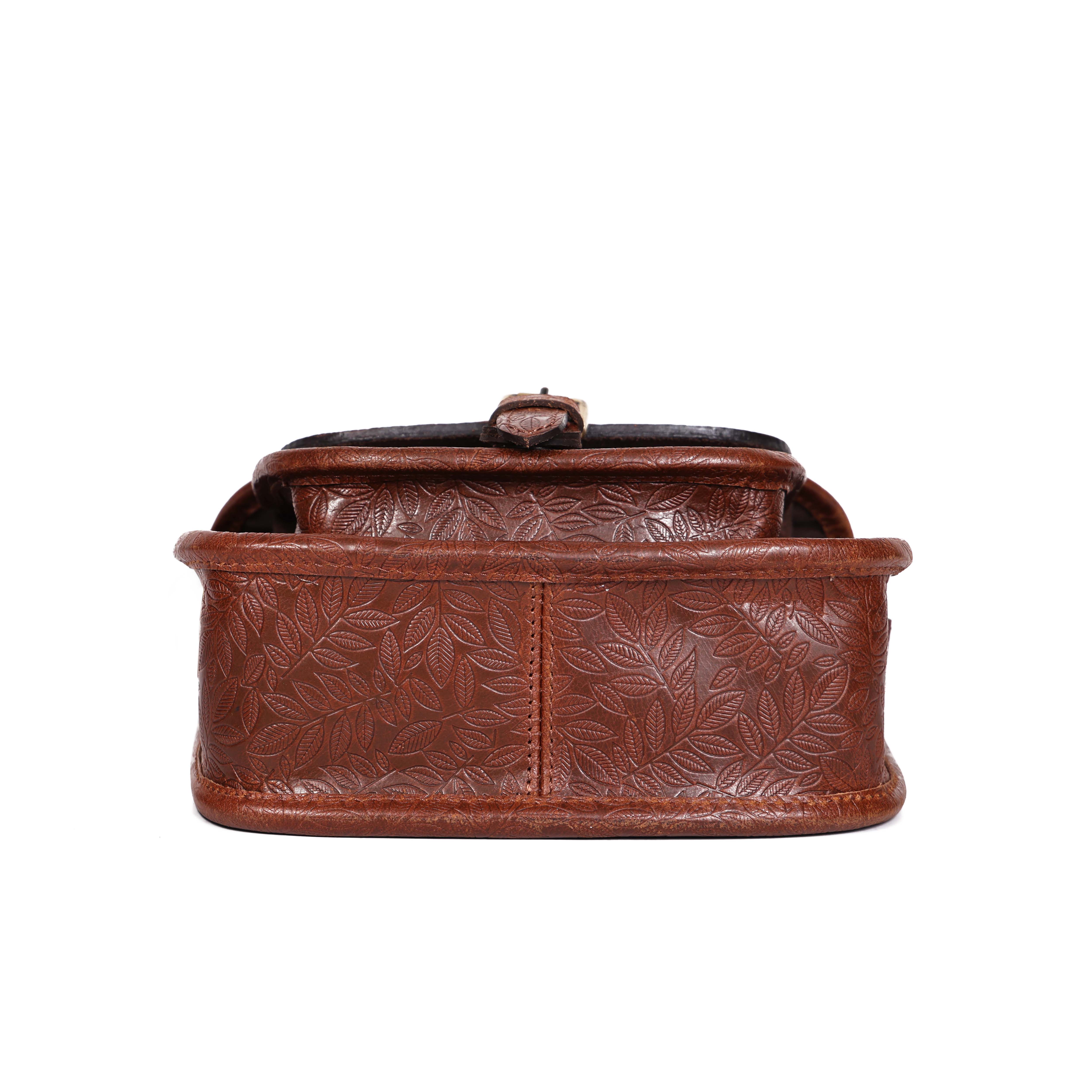 Vintage Floral Embossed Leather Sling Bag with Front Pocket Handcrafted Crossbody - Image 18