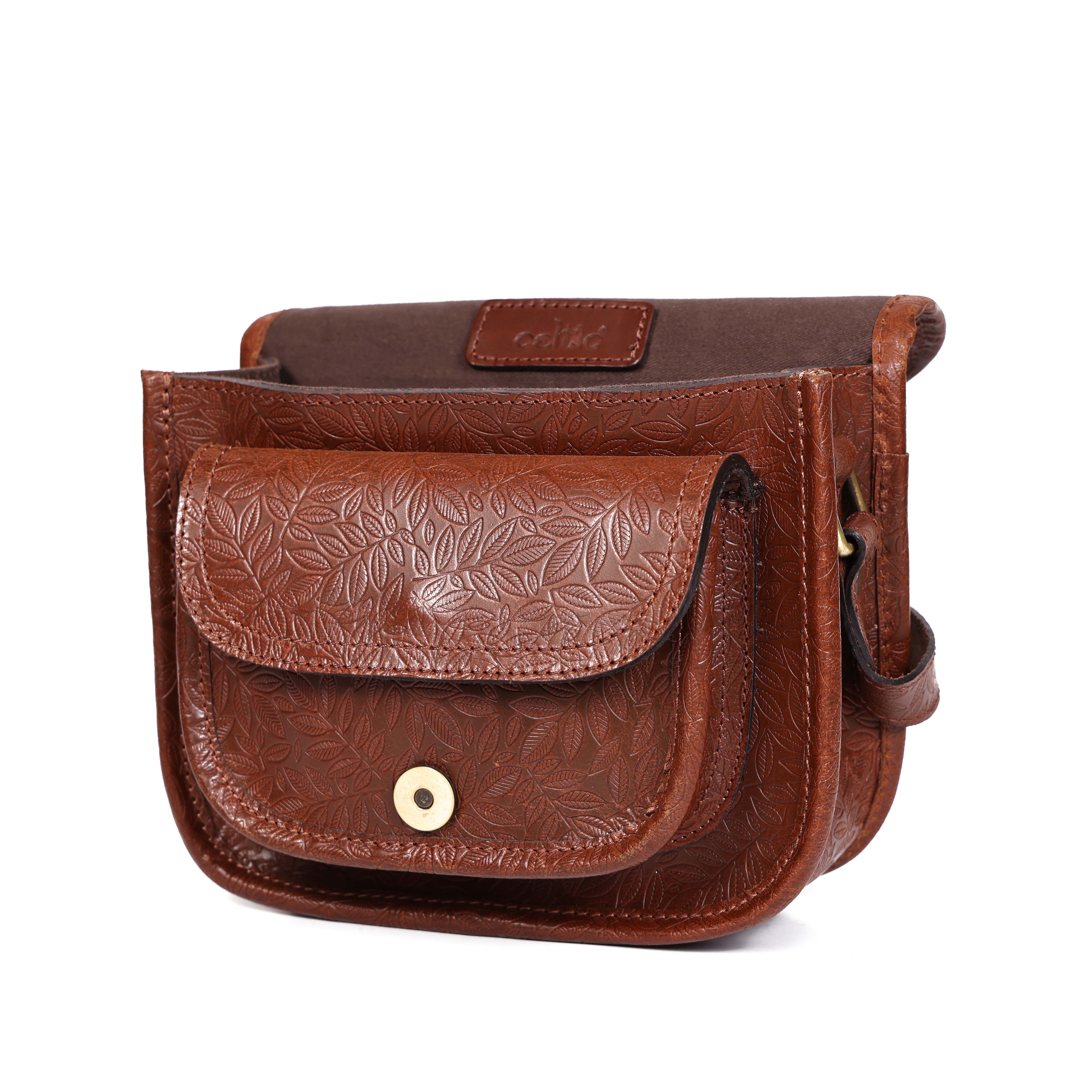 Vintage Floral Embossed Leather Sling Bag with Front Pocket Handcrafted Crossbody - Image 19