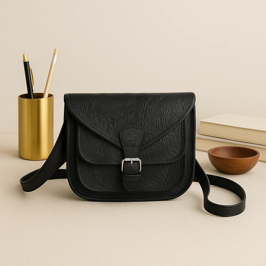 Vintage Floral Embossed Leather Sling Bag with Front Pocket Handcrafted Crossbody - Image 3