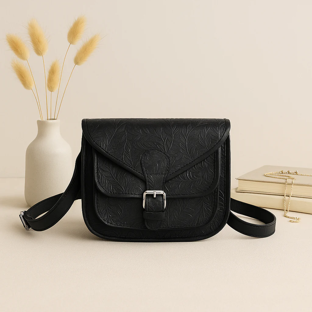 Vintage Floral Embossed Leather Sling Bag with Front Pocket Handcrafted Crossbody - Image 4