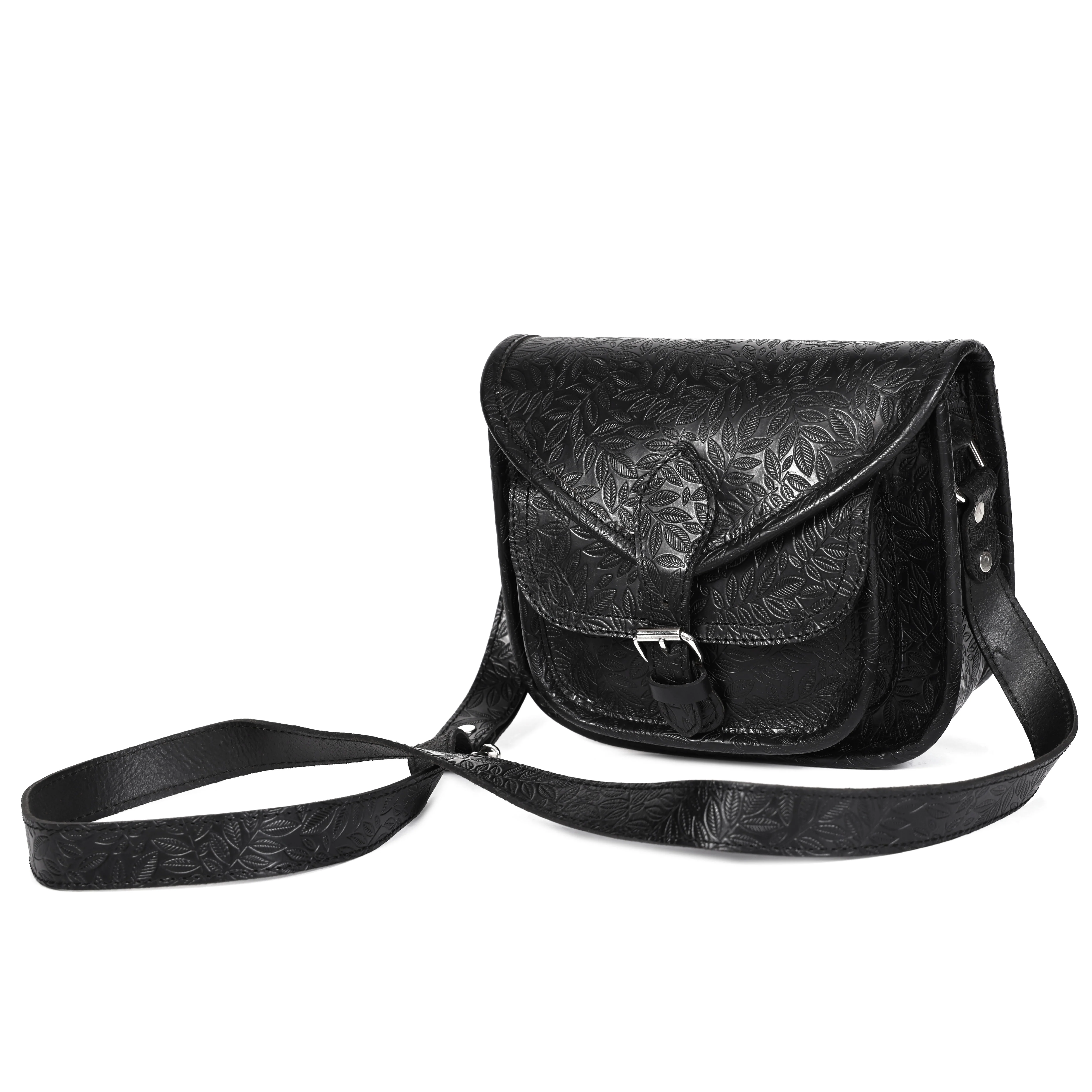 Vintage Floral Embossed Leather Sling Bag with Front Pocket Handcrafted Crossbody - Image 5