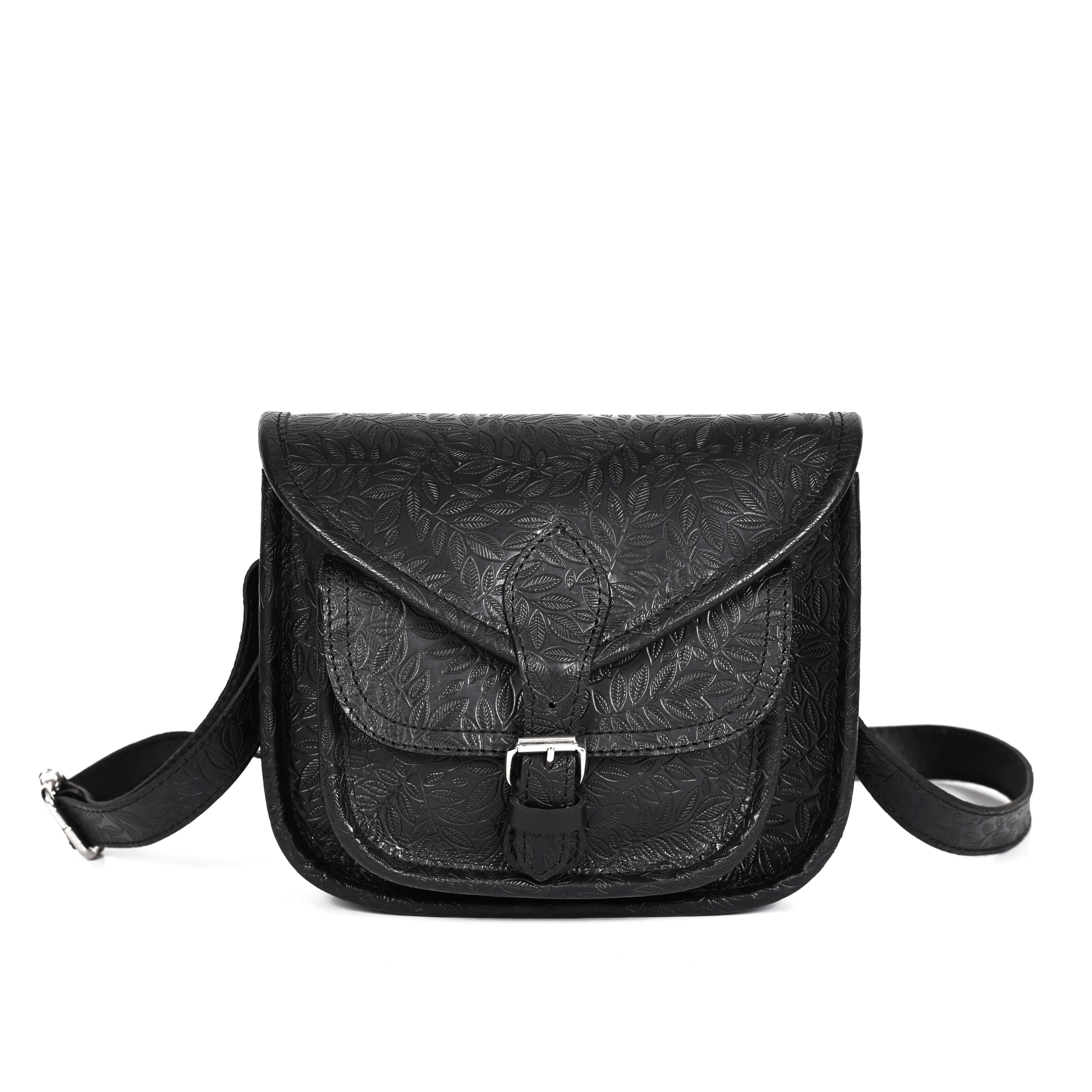 Vintage Floral Embossed Leather Sling Bag with Front Pocket Handcrafted Crossbody - Image 8