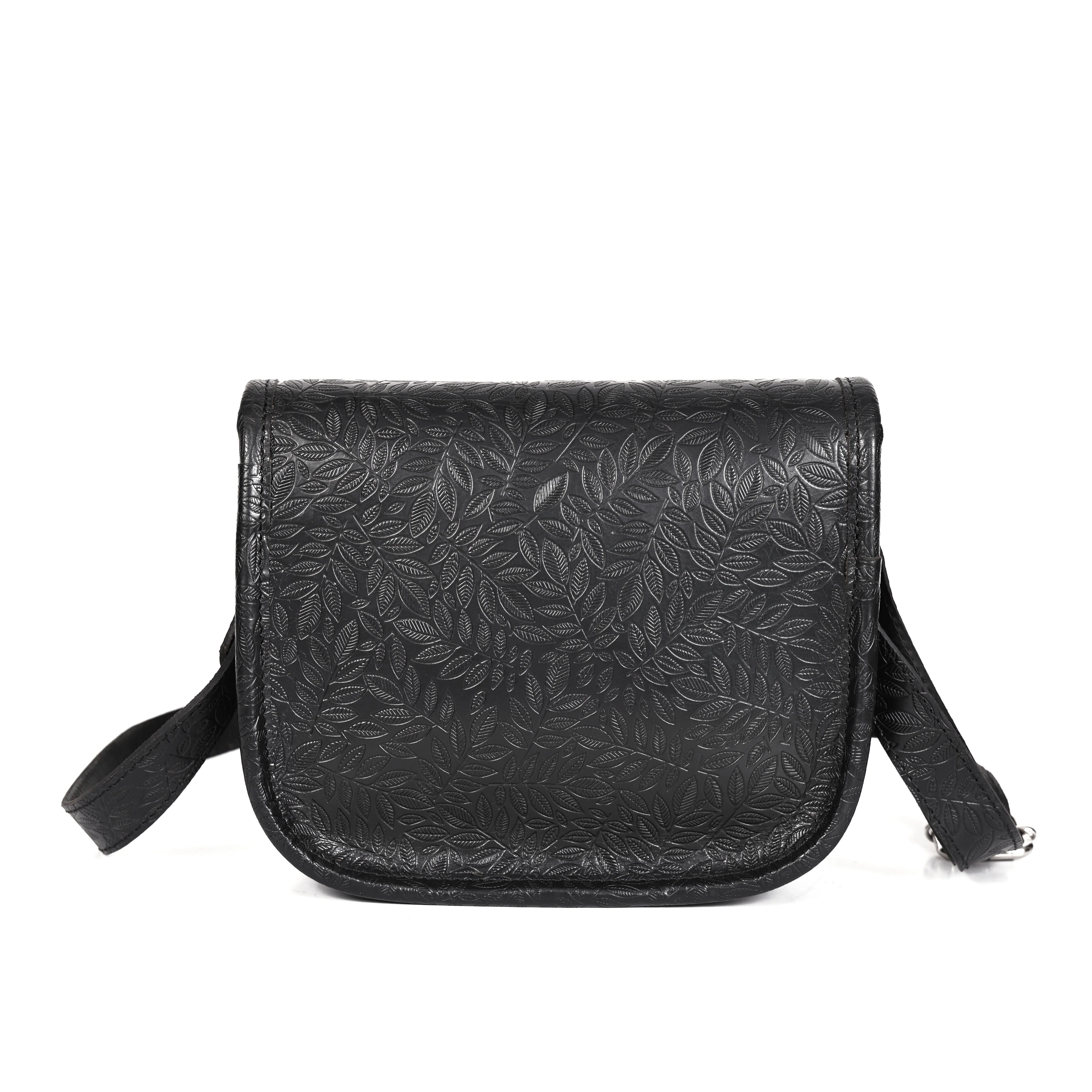 Vintage Floral Embossed Leather Sling Bag with Front Pocket Handcrafted Crossbody - Image 9