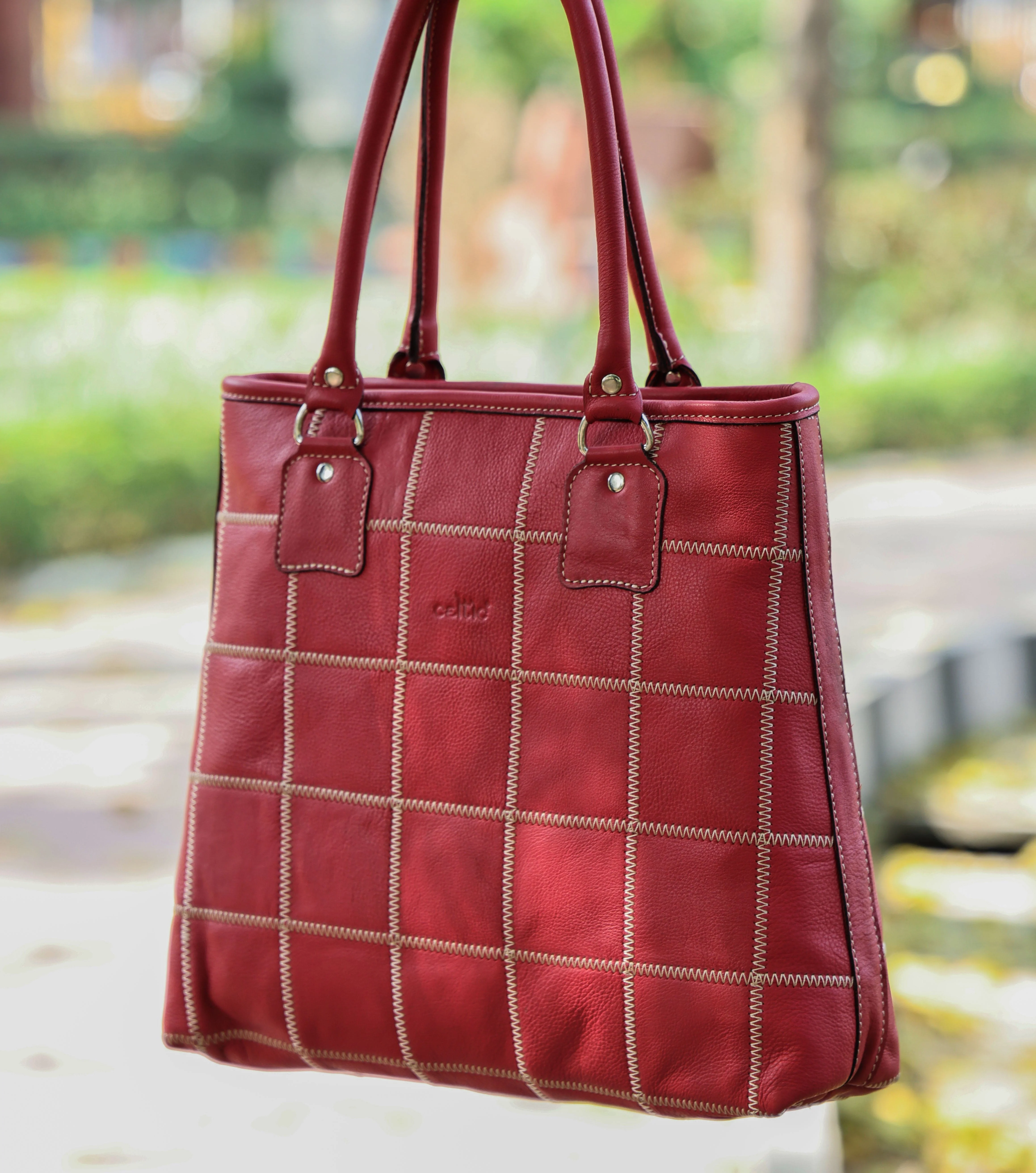 Genuine Leather Red Tote Bag with Check Stitch Design and Zip Closure