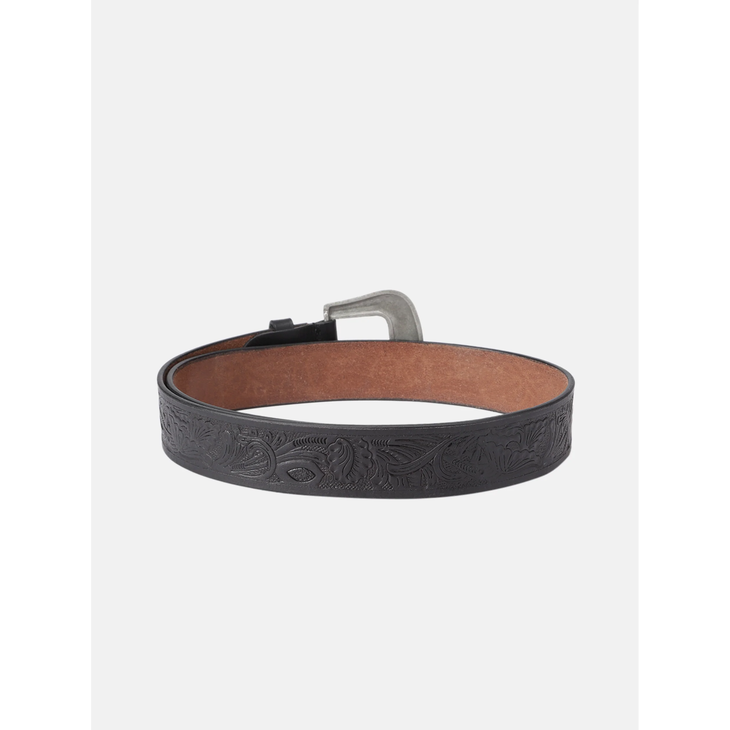 Unisex Genuine Leather Embossed Black Western Waist Accessory Silver Buckle - Image 3