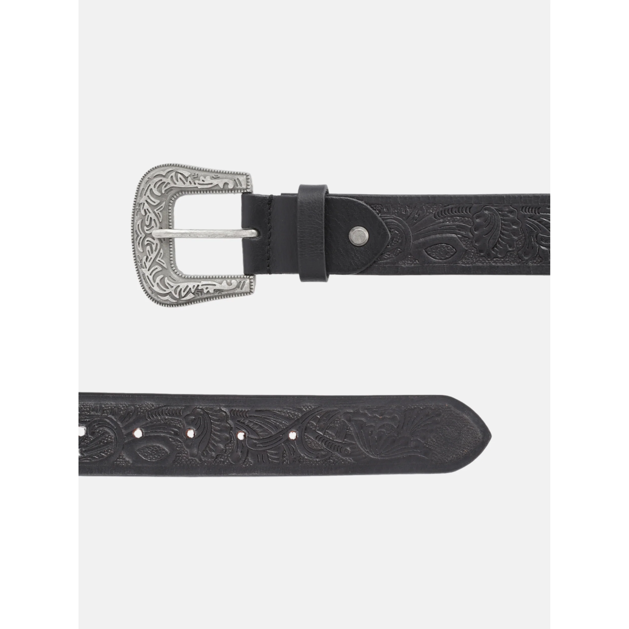 Unisex Genuine Leather Embossed Black Western Waist Accessory Silver Buckle - Image 4