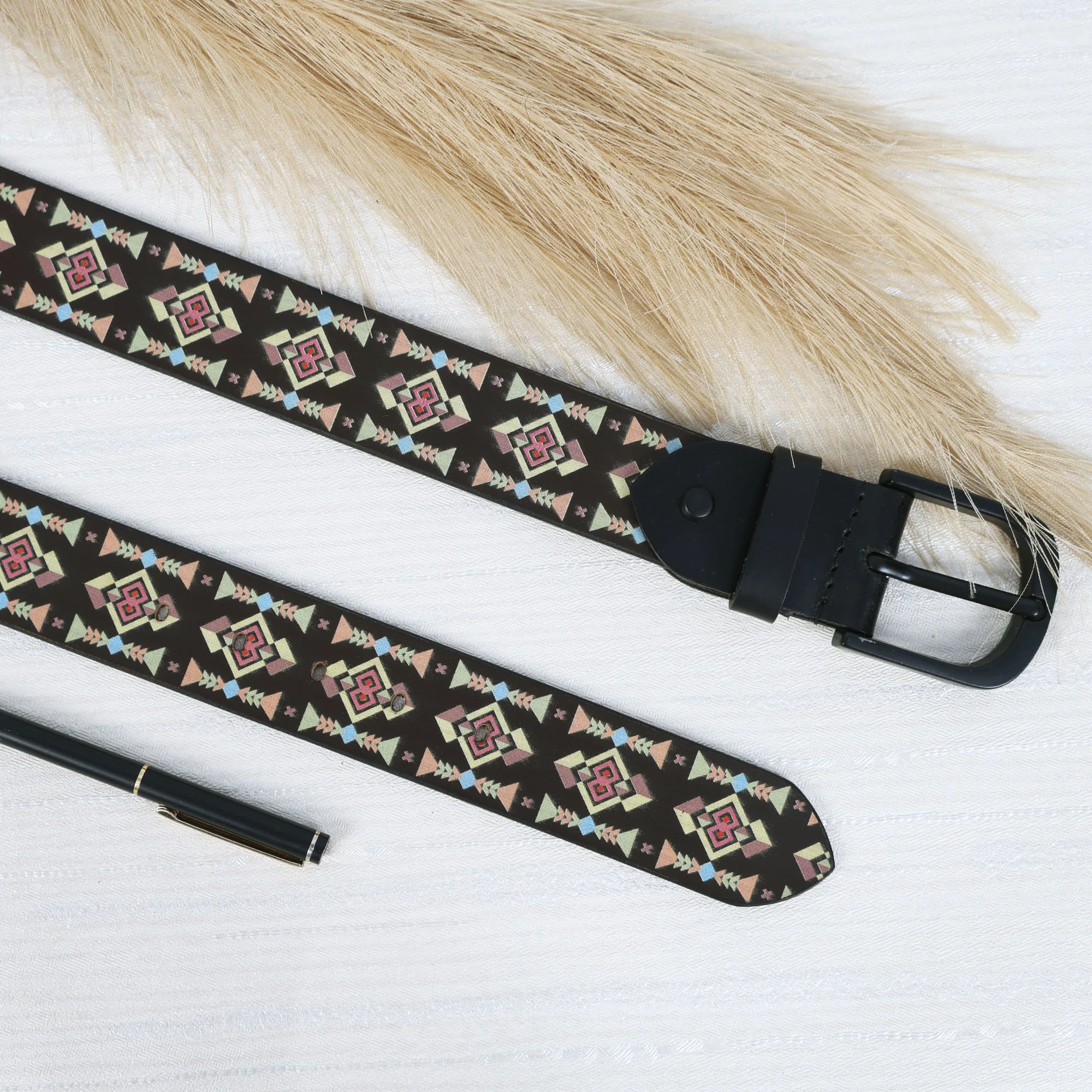 Unisex Geometric Patterned Canvas Leather Belt With Metal Buckle For Casual Everyday Wear - Image 2