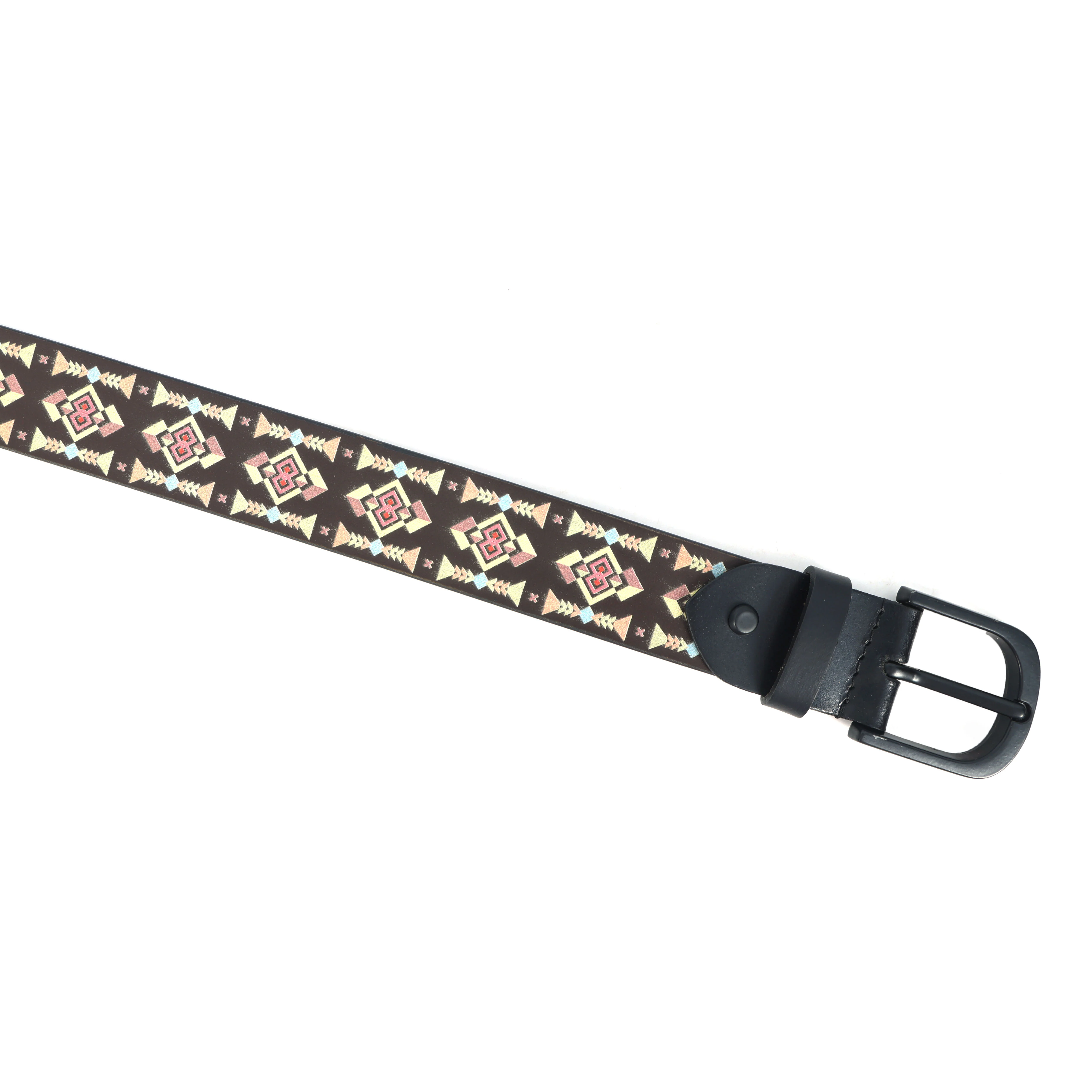 Unisex Geometric Patterned Canvas Leather Belt With Metal Buckle For Casual Everyday Wear - Image 3