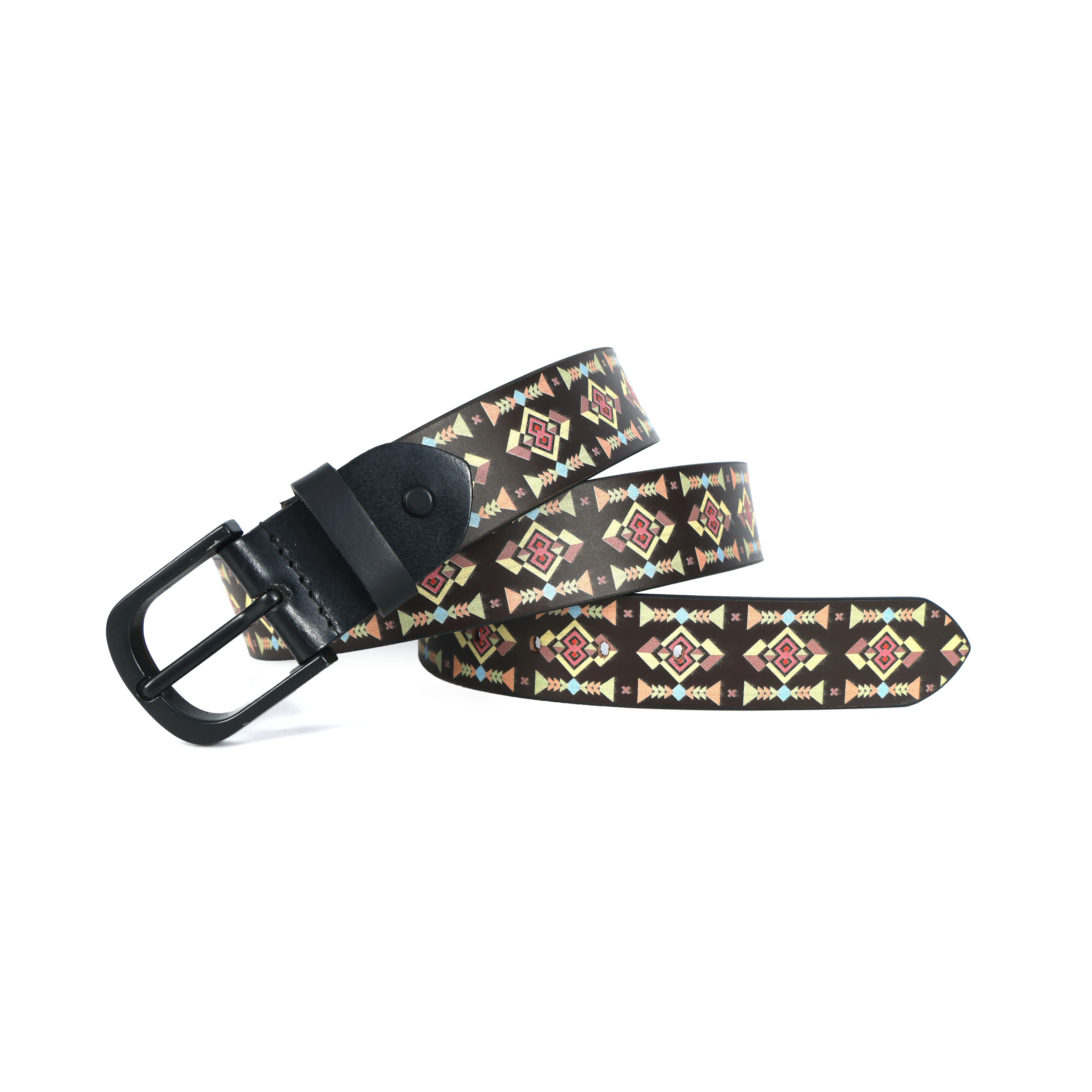 Unisex Geometric Patterned Canvas Leather Belt With Metal Buckle For Casual Everyday Wear - Image 6