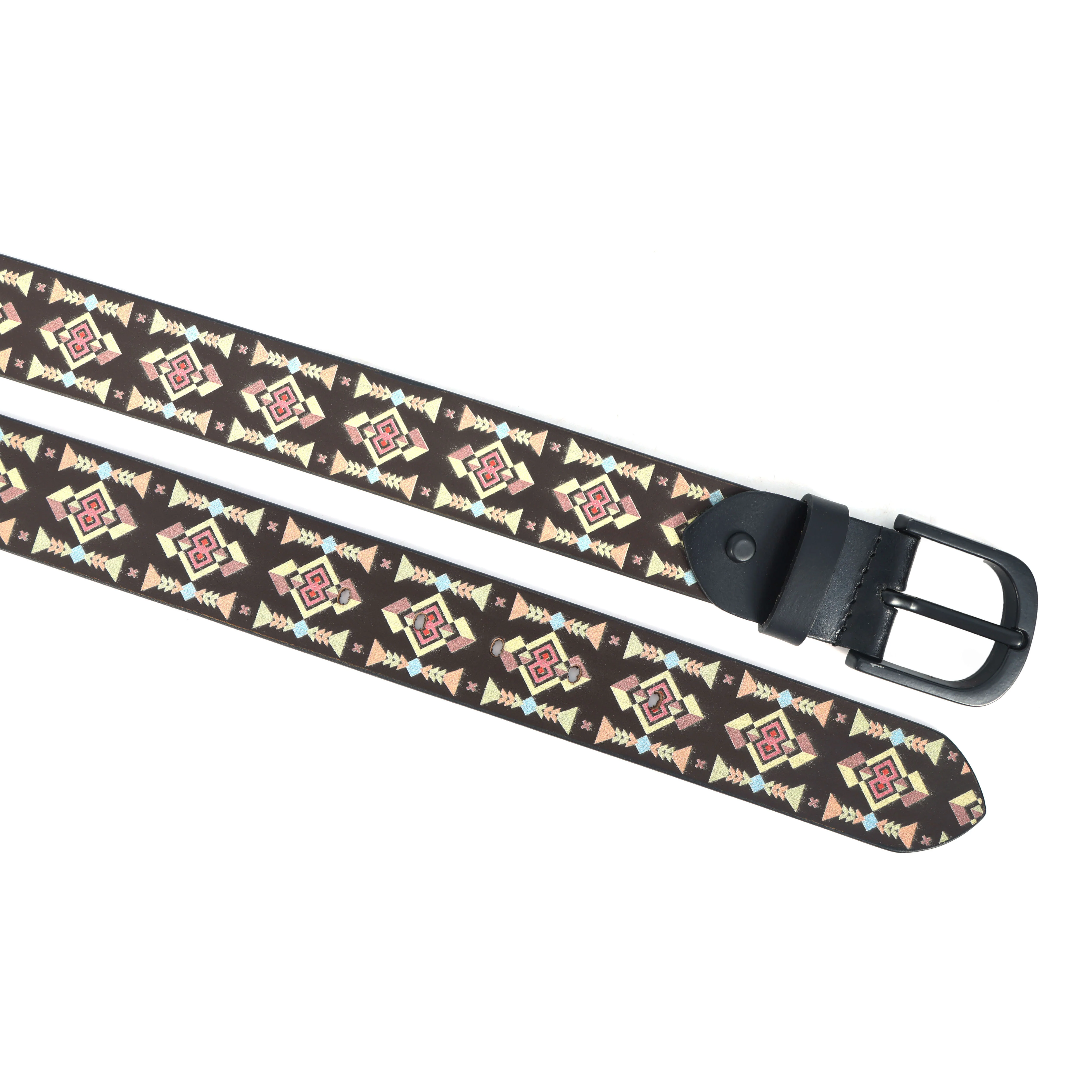 Unisex Geometric Patterned Canvas Leather Belt With Metal Buckle For Casual Everyday Wear - Image 7