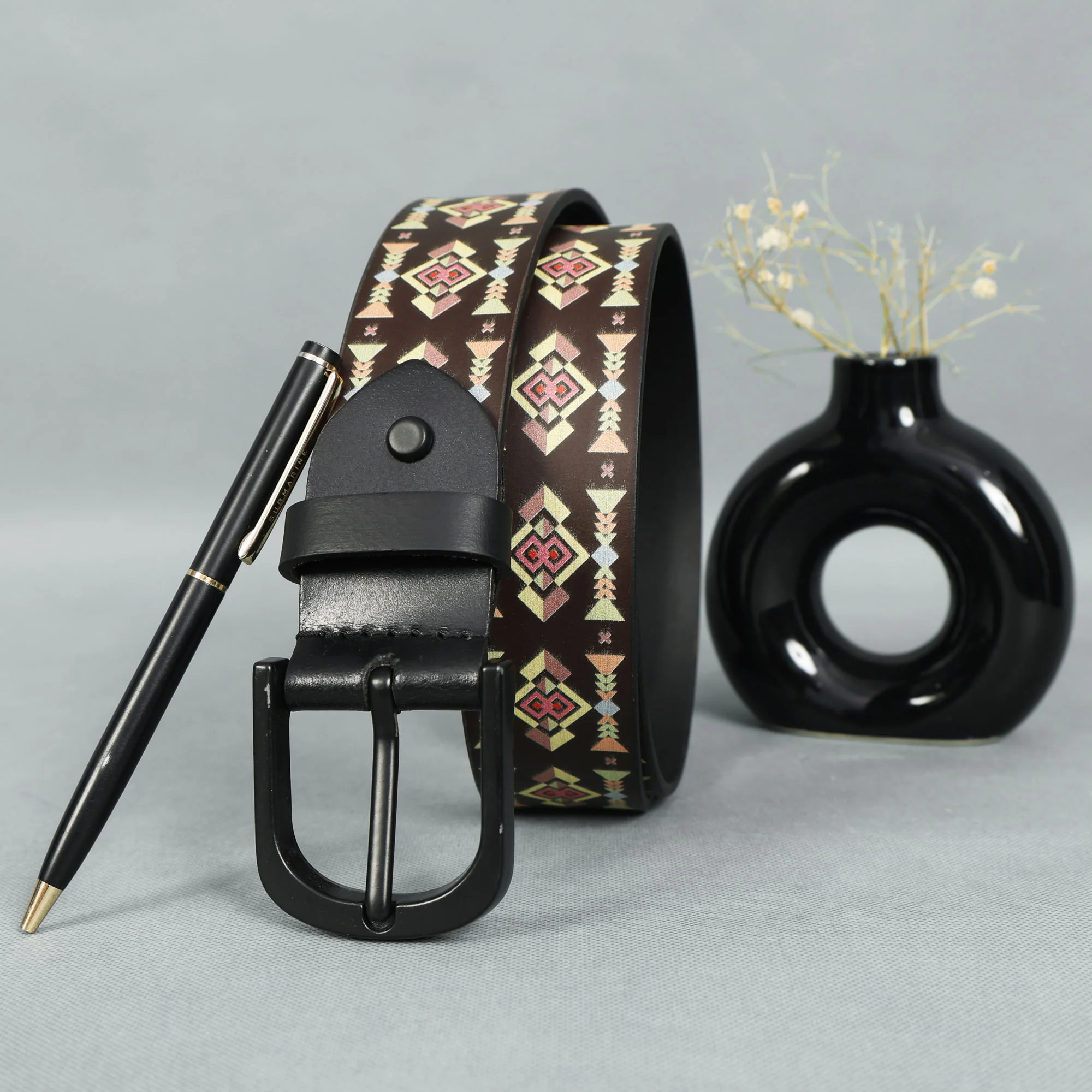 Unisex Geometric Patterned Canvas Leather Belt With Metal Buckle For Casual Everyday Wear - Image 8