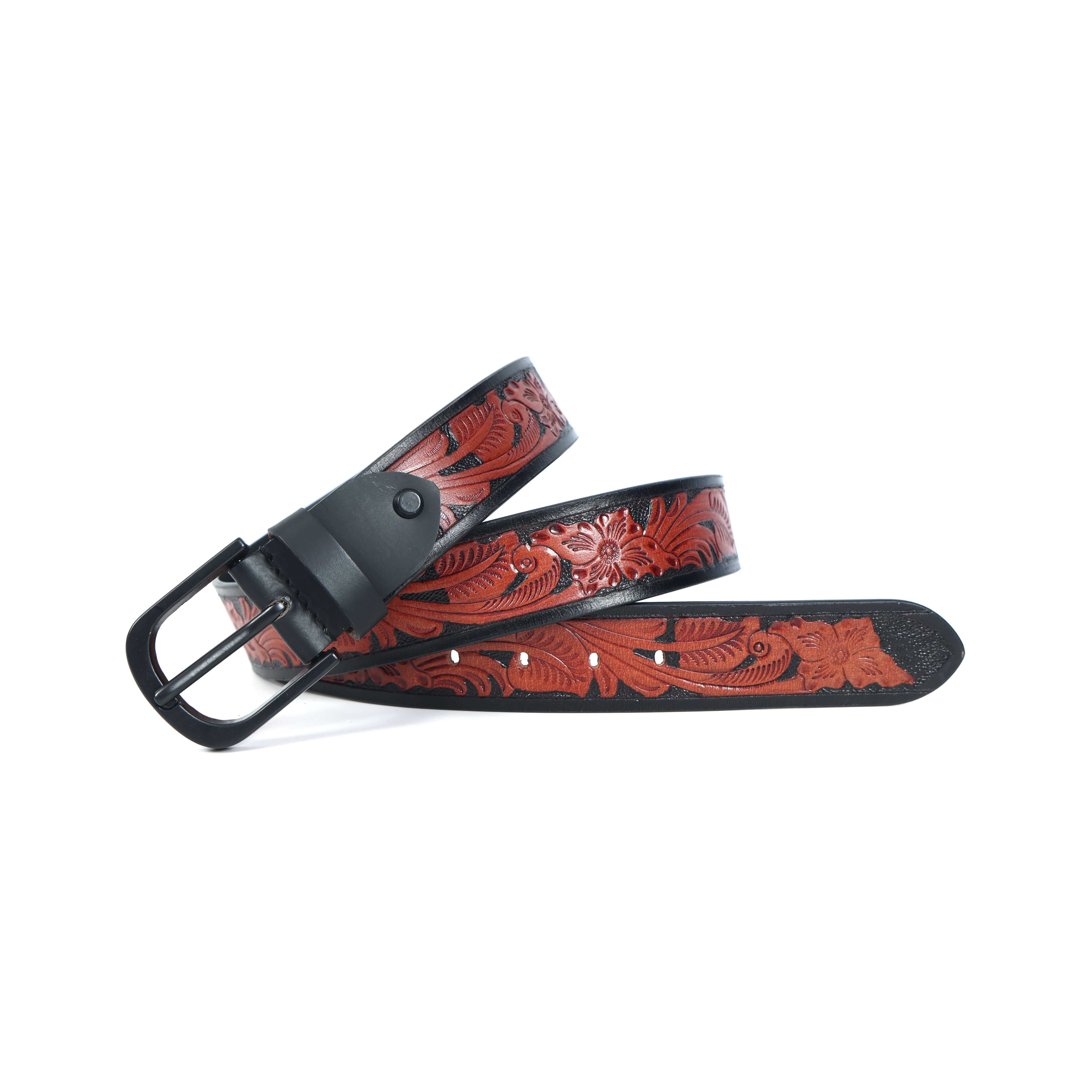 Unisex Handcrafted Floral Embossed Leather Belt With Matte Black Buckle For Casual Wear - Image 3