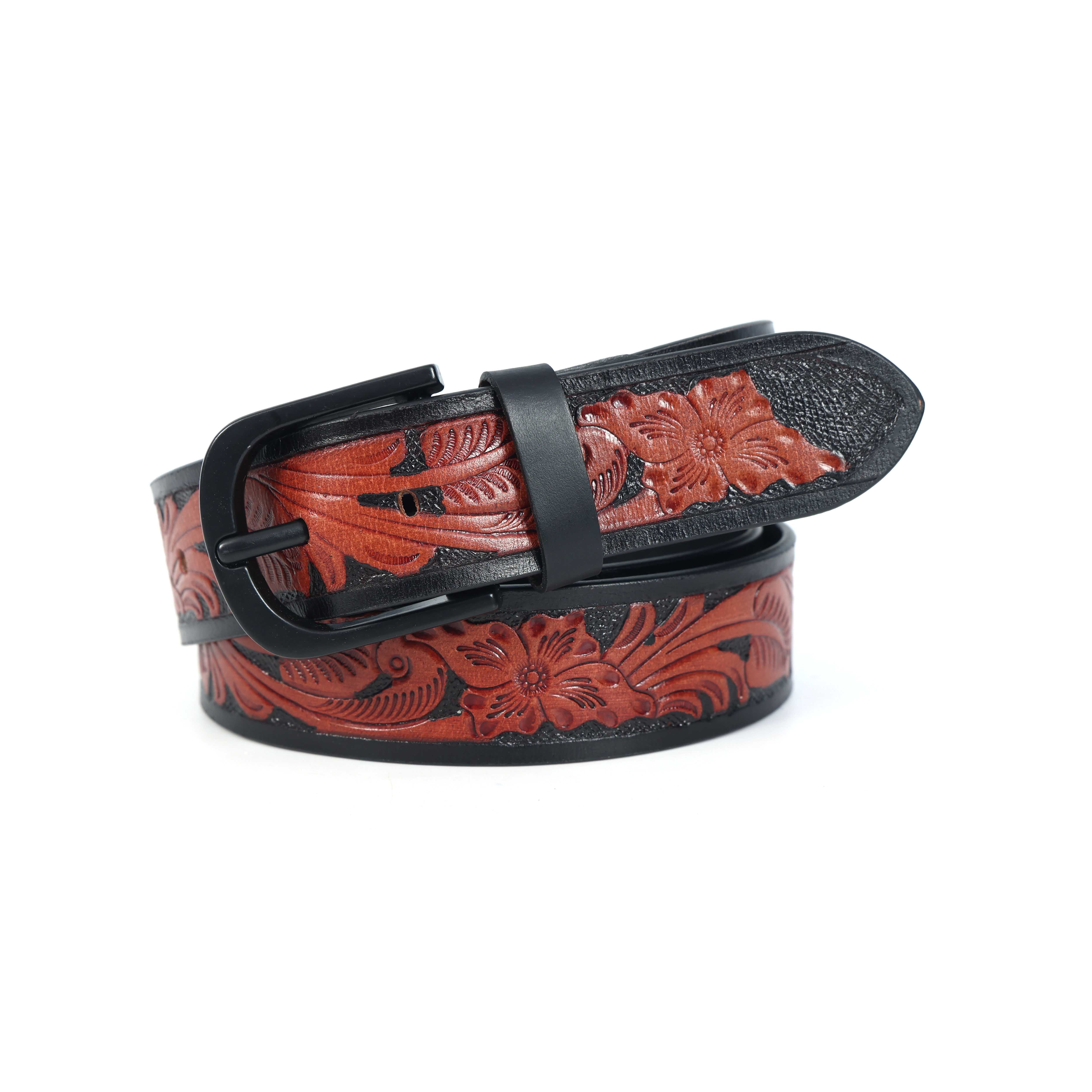 Unisex Handcrafted Floral Embossed Leather Belt With Matte Black Buckle For Casual Wear - Image 4