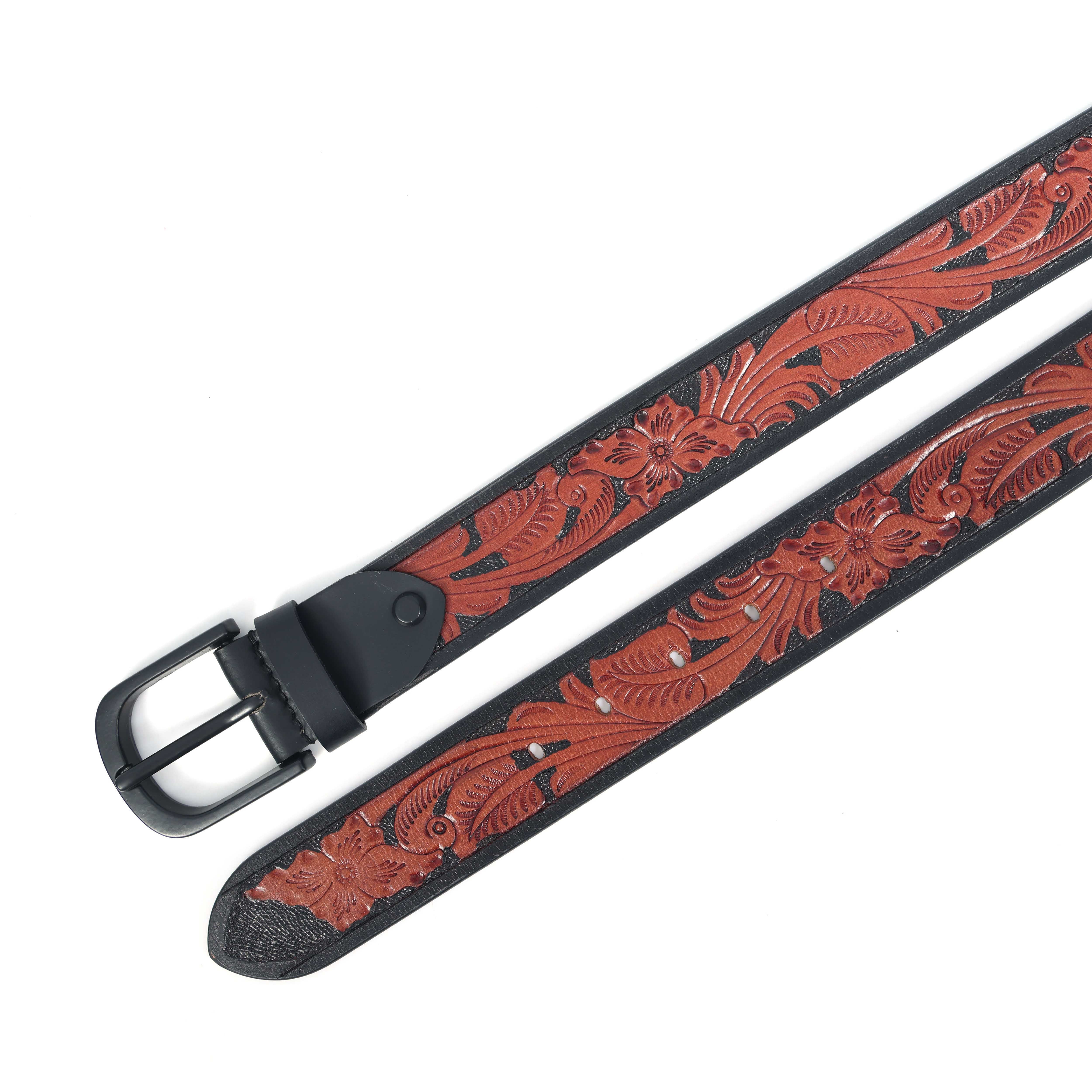 Unisex Handcrafted Floral Embossed Leather Belt With Matte Black Buckle For Casual Wear - Image 5