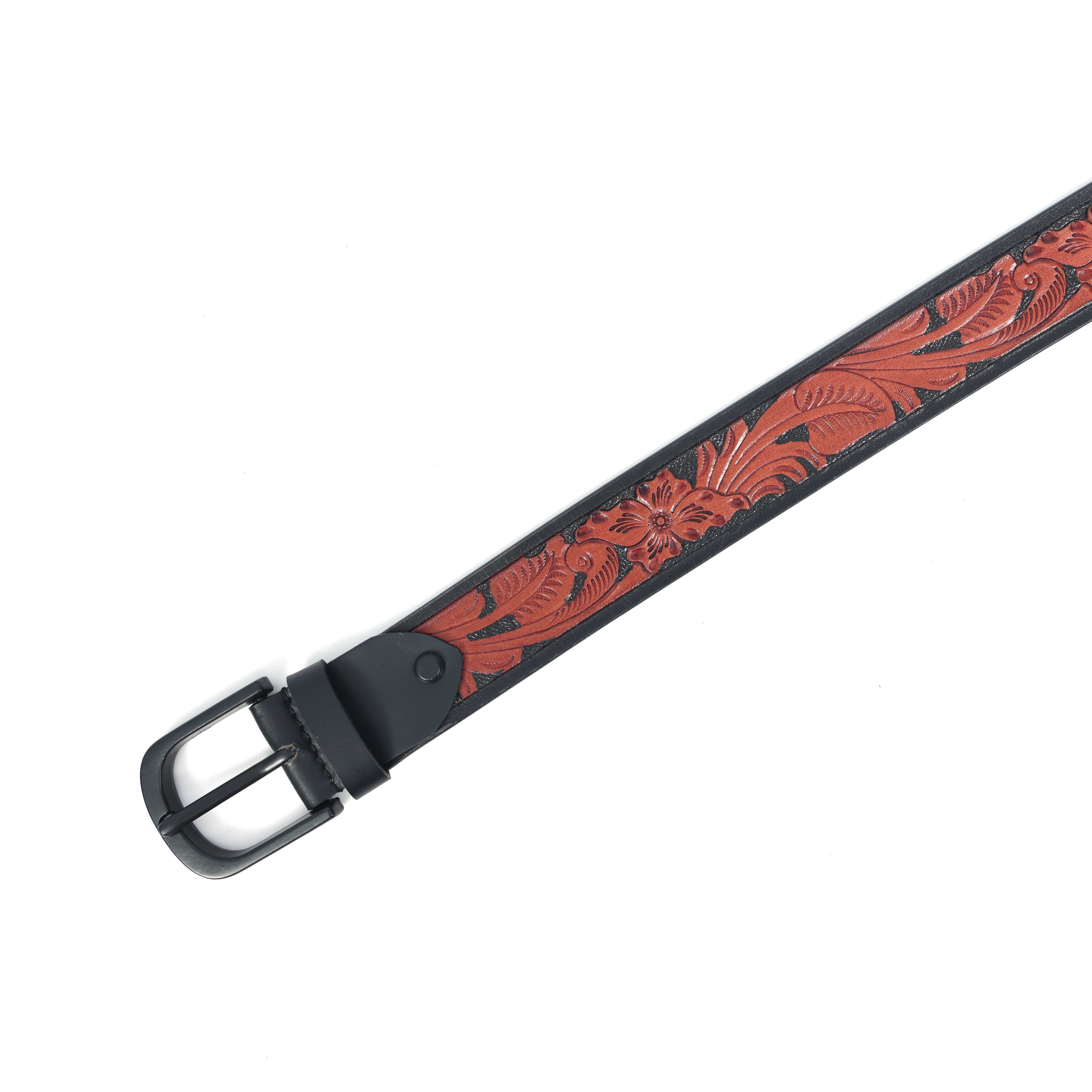 Unisex Handcrafted Floral Embossed Leather Belt With Matte Black Buckle For Casual Wear - Image 6