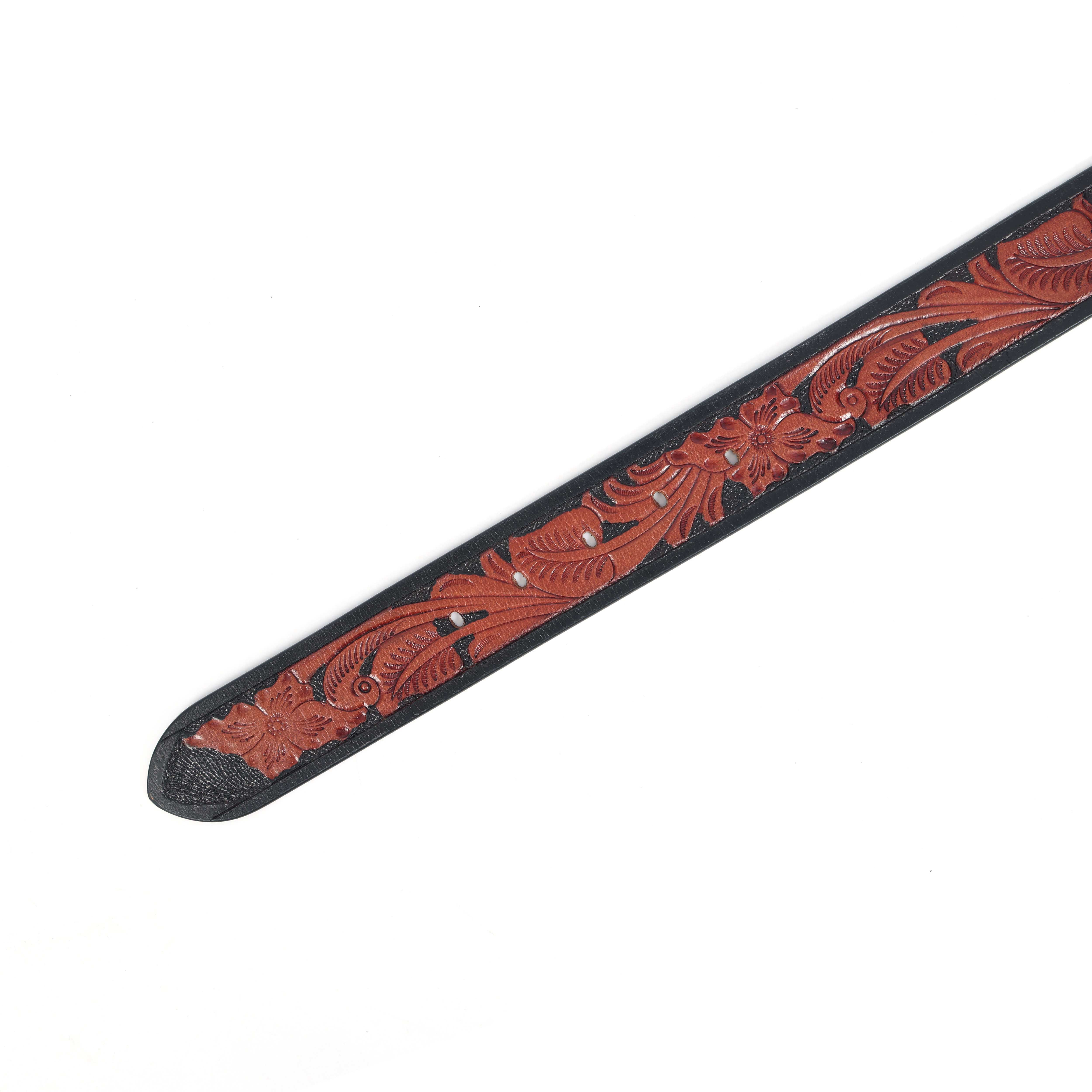 Unisex Handcrafted Floral Embossed Leather Belt With Matte Black Buckle For Casual Wear - Image 7