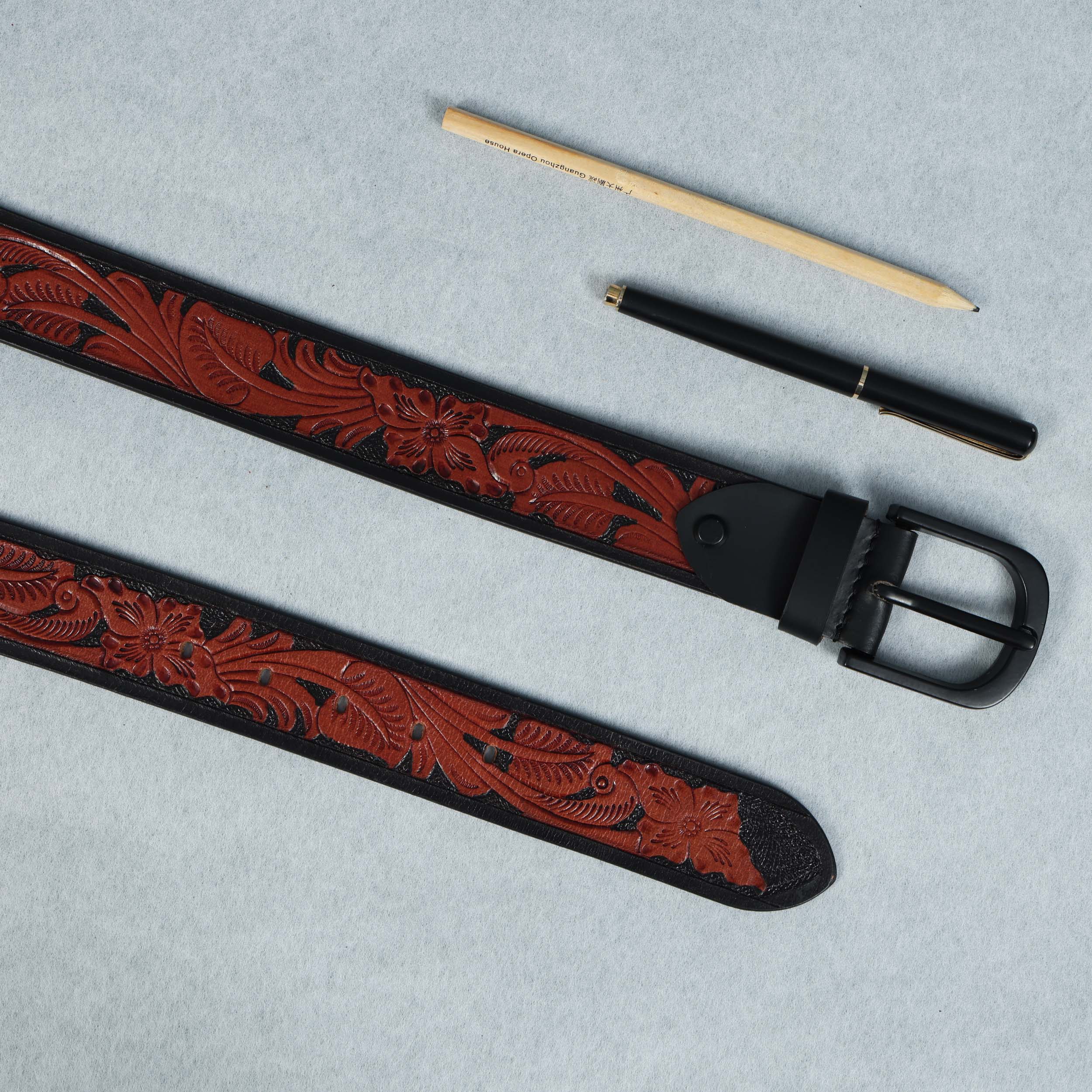 Unisex Handcrafted Floral Embossed Leather Belt With Matte Black Buckle For Casual Wear - Image 8