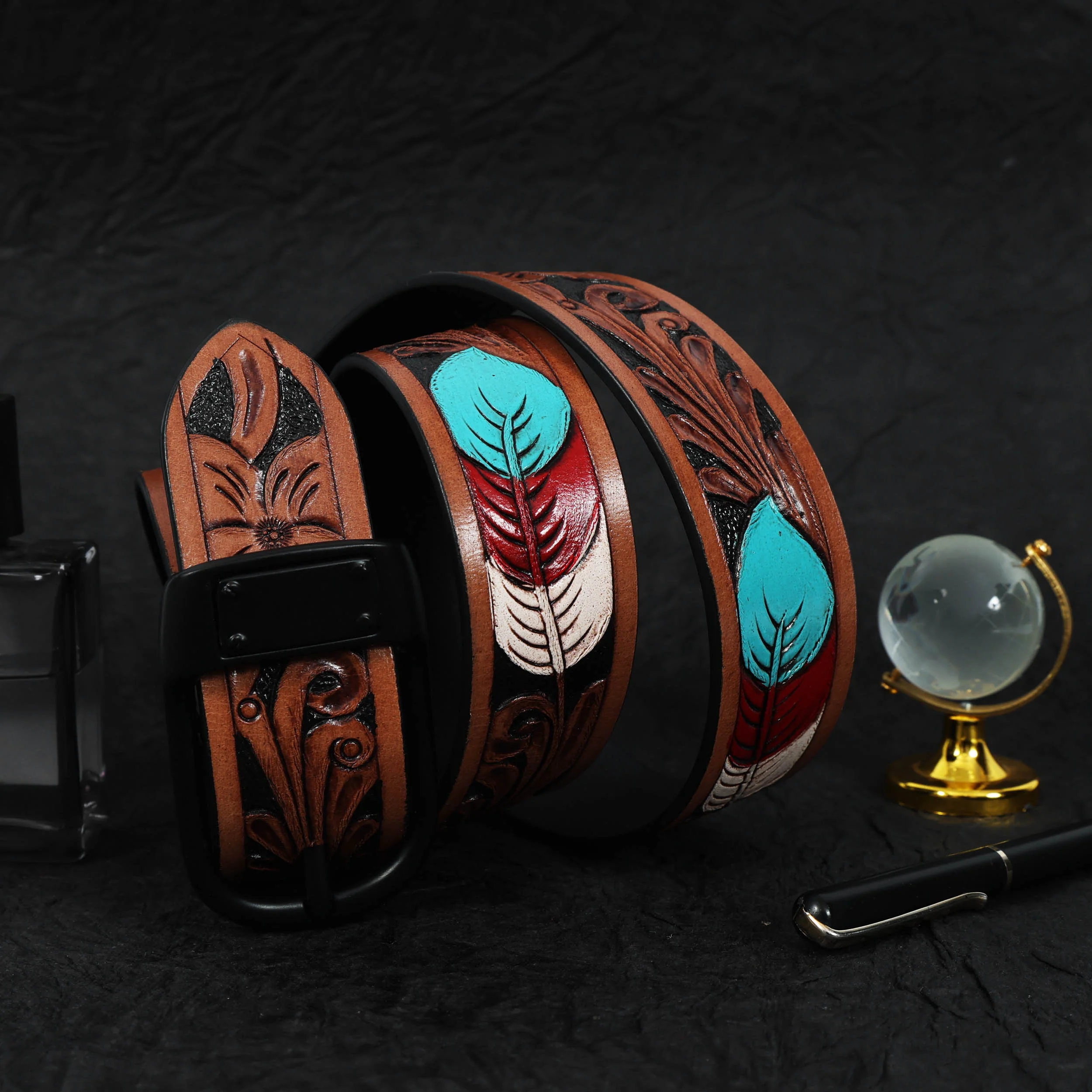 Unisex Genuine Leather Embossed Brown Feather Western Casual Waistbelt Matte Black Buckle - Image 2