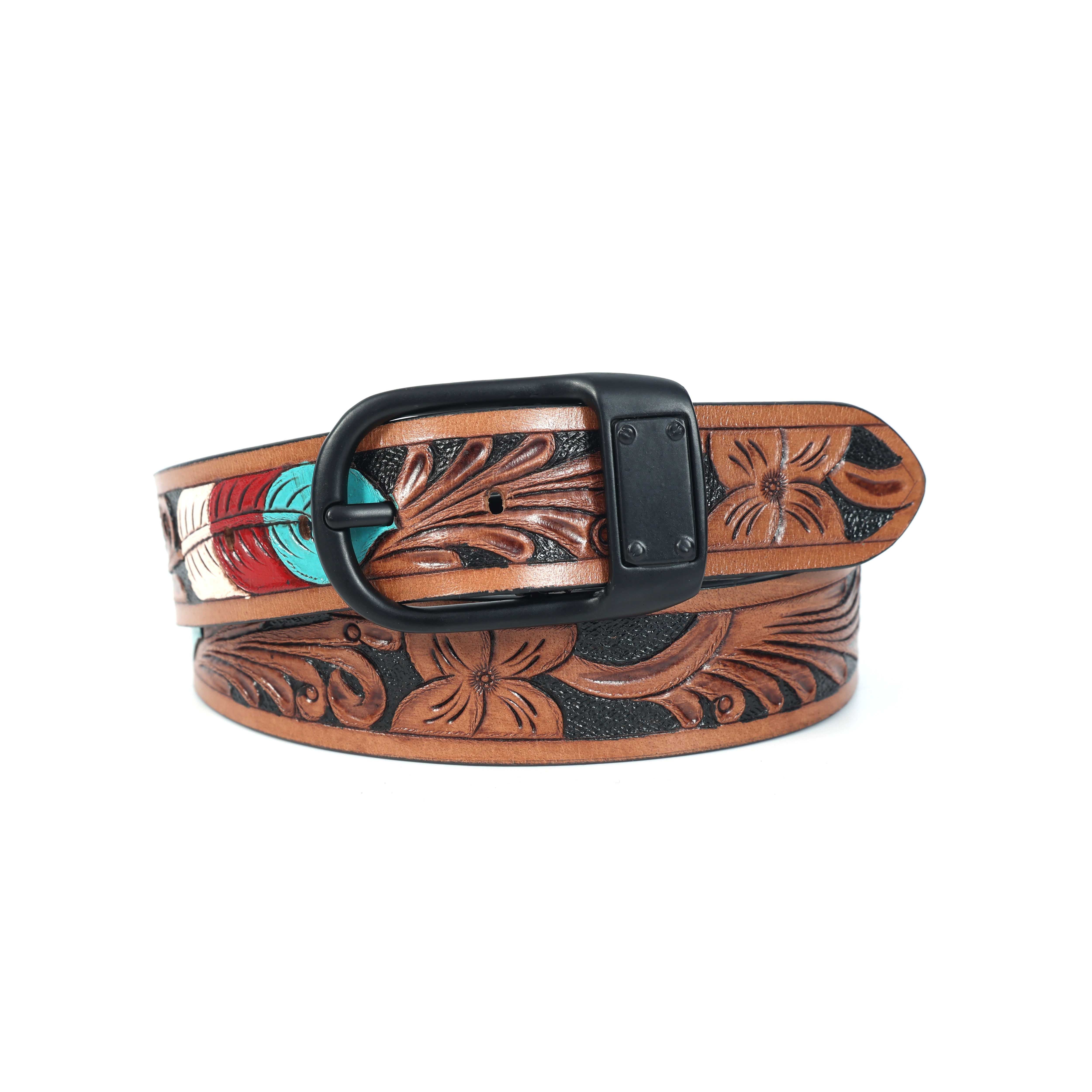 Unisex Genuine Leather Embossed Brown Feather Western Casual Waistbelt Matte Black Buckle - Image 3