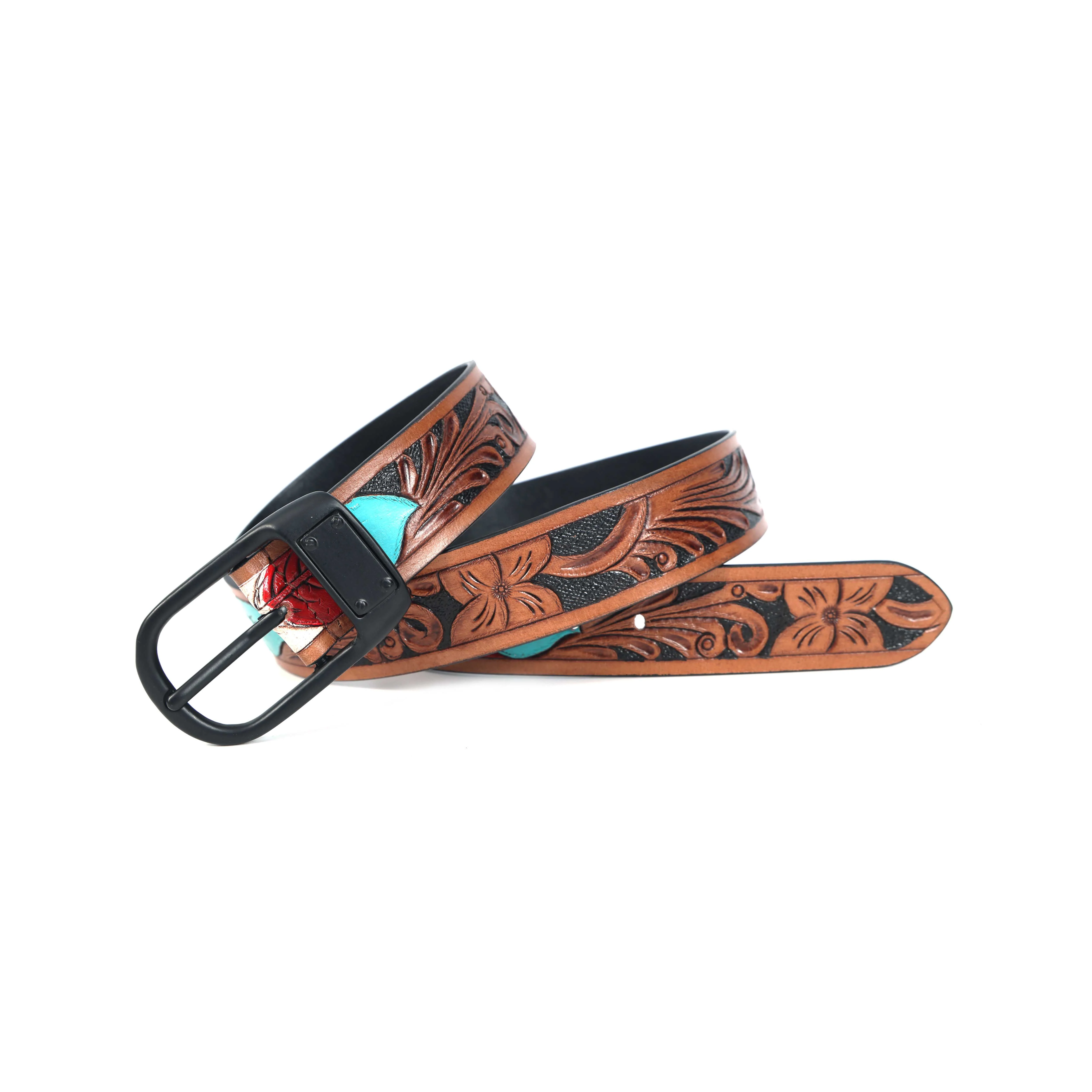 Unisex Genuine Leather Embossed Brown Feather Western Casual Waistbelt Matte Black Buckle - Image 4