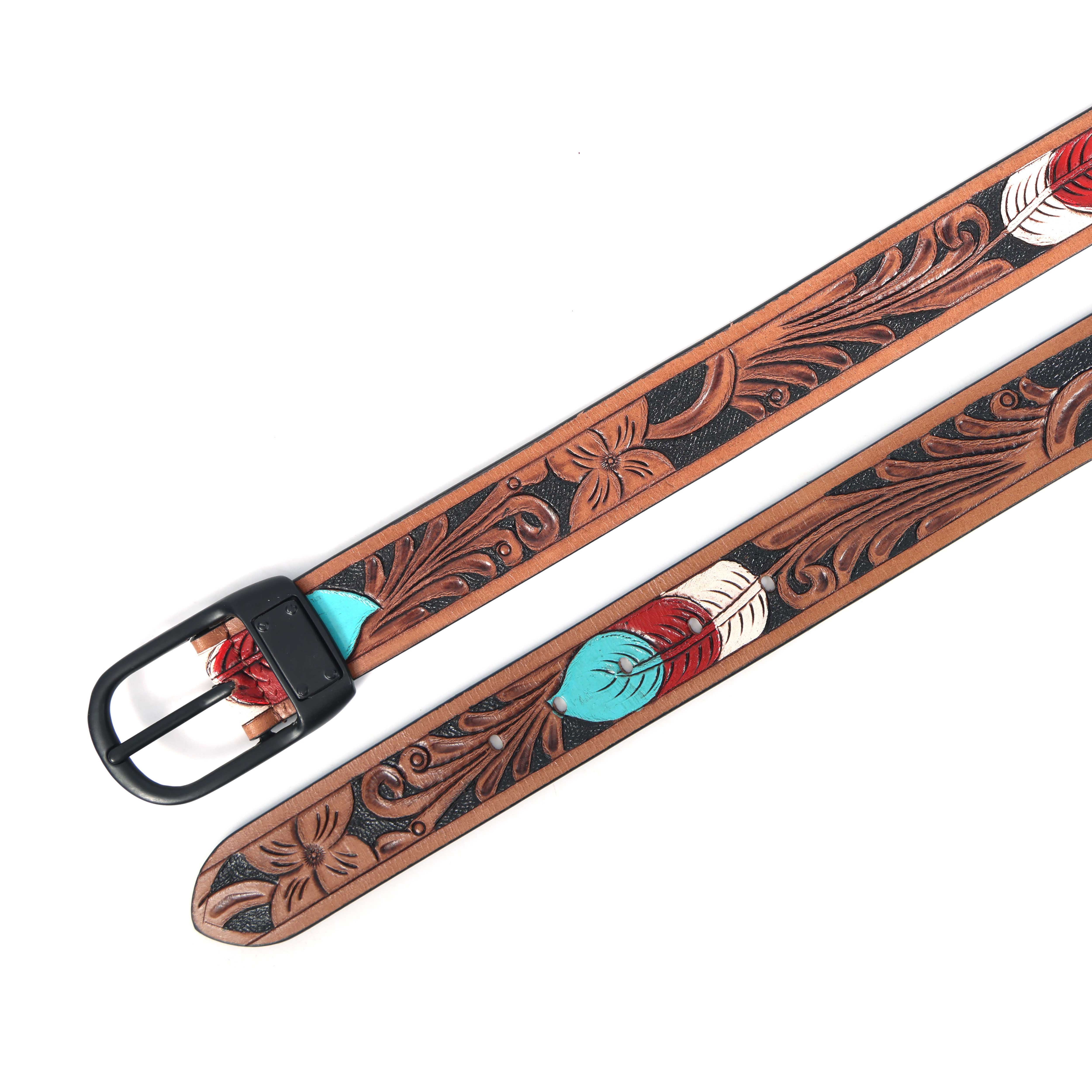 Unisex Genuine Leather Embossed Brown Feather Western Casual Waistbelt Matte Black Buckle - Image 5