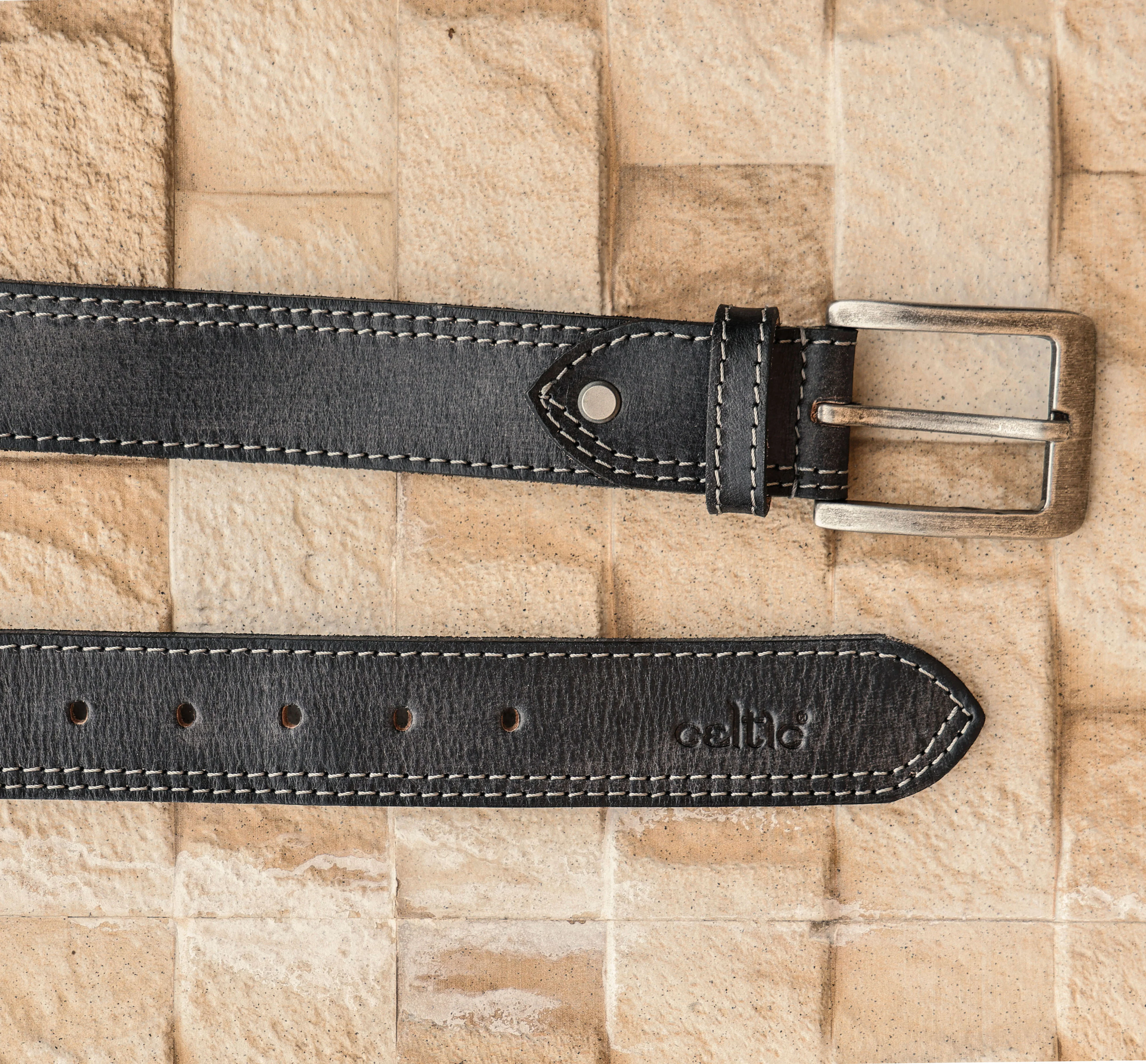 Unnisex Genuine Leather Black Waist Accessory Double Stitching Antique Buckle Casual Formal - Image 2