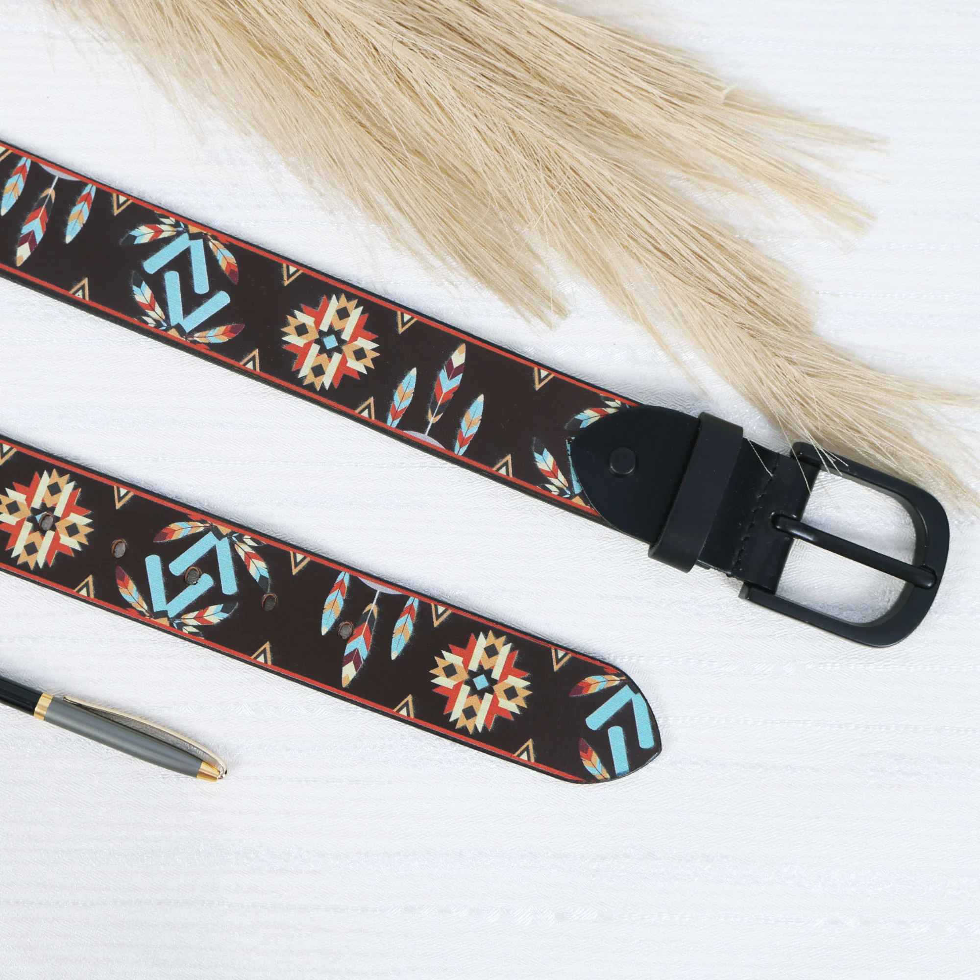Ethnic Patterned Leather Buckle Strap Handmade Adjustable Designer Waist Accessory - Image 2