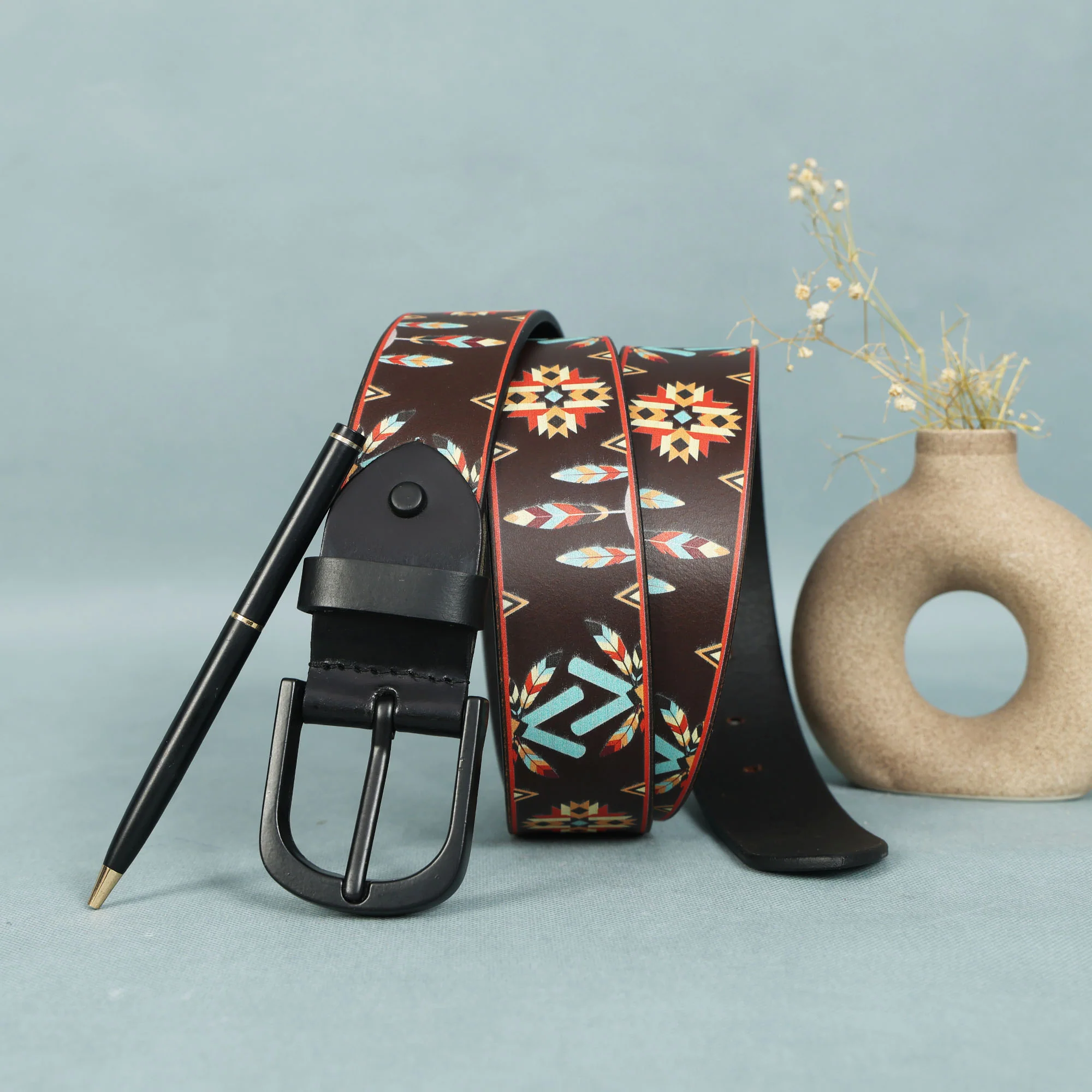 Ethnic Patterned Leather Buckle Strap Handmade Adjustable Designer Waist Accessory - Image 8