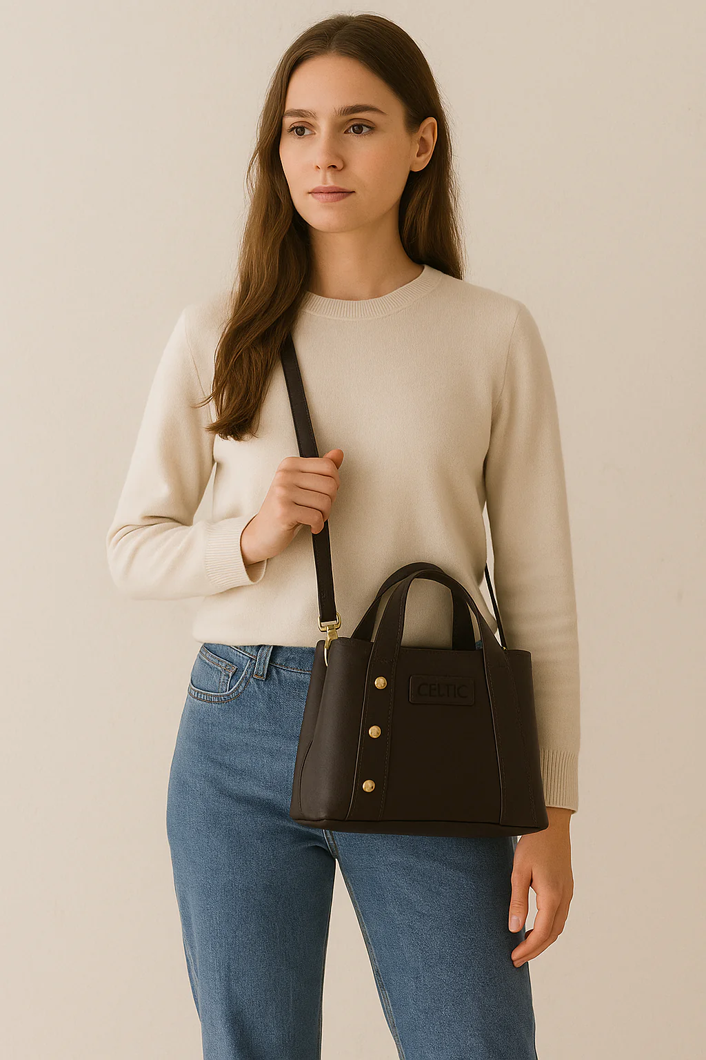 Premium Structured Leather Handbag with Dual Carry Handles, Adjustable Strap & Zip Pocket - Image 9