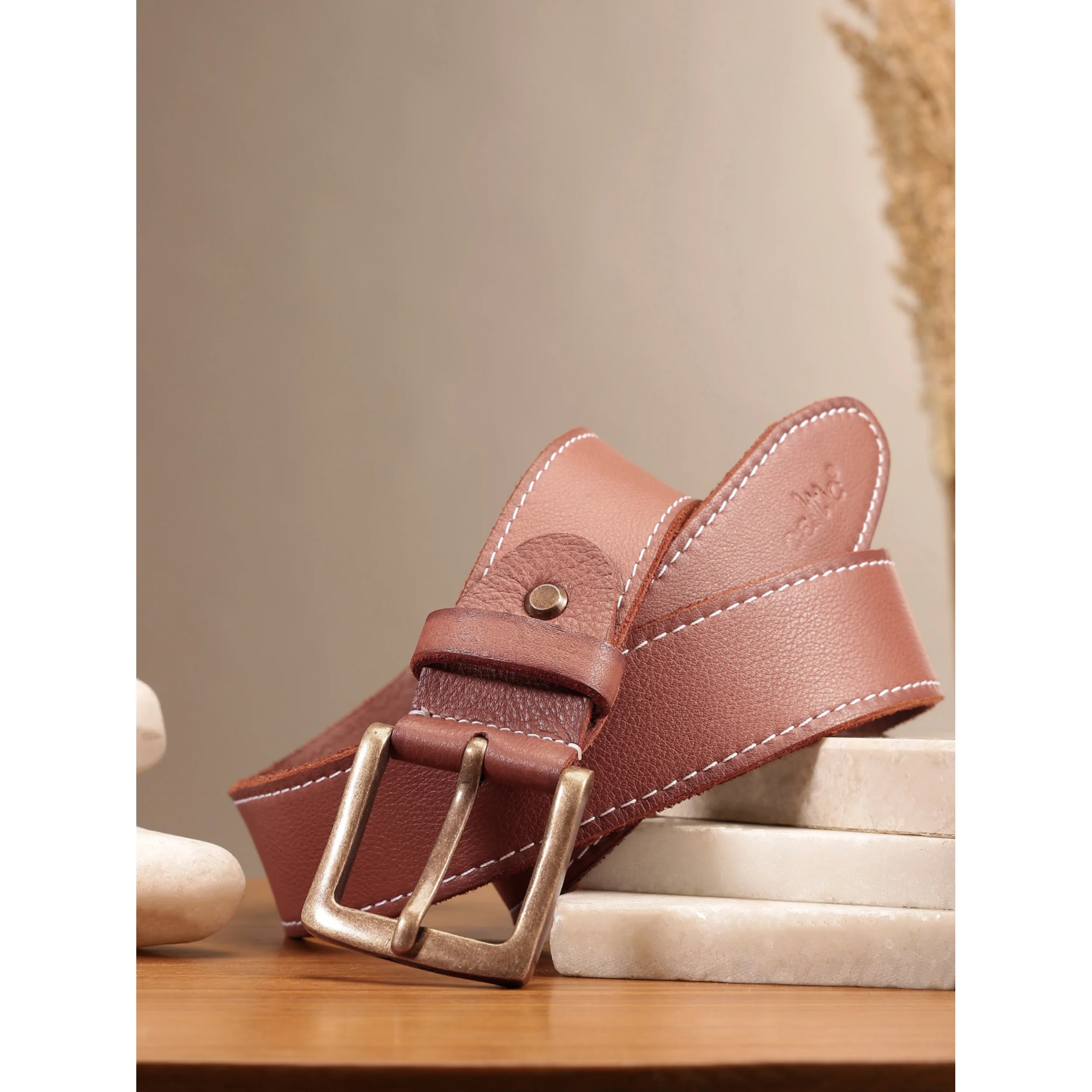 Women Genuine Leather Tan Belt Silver Buckle Contrast Stitching Casual Formal - Image 15