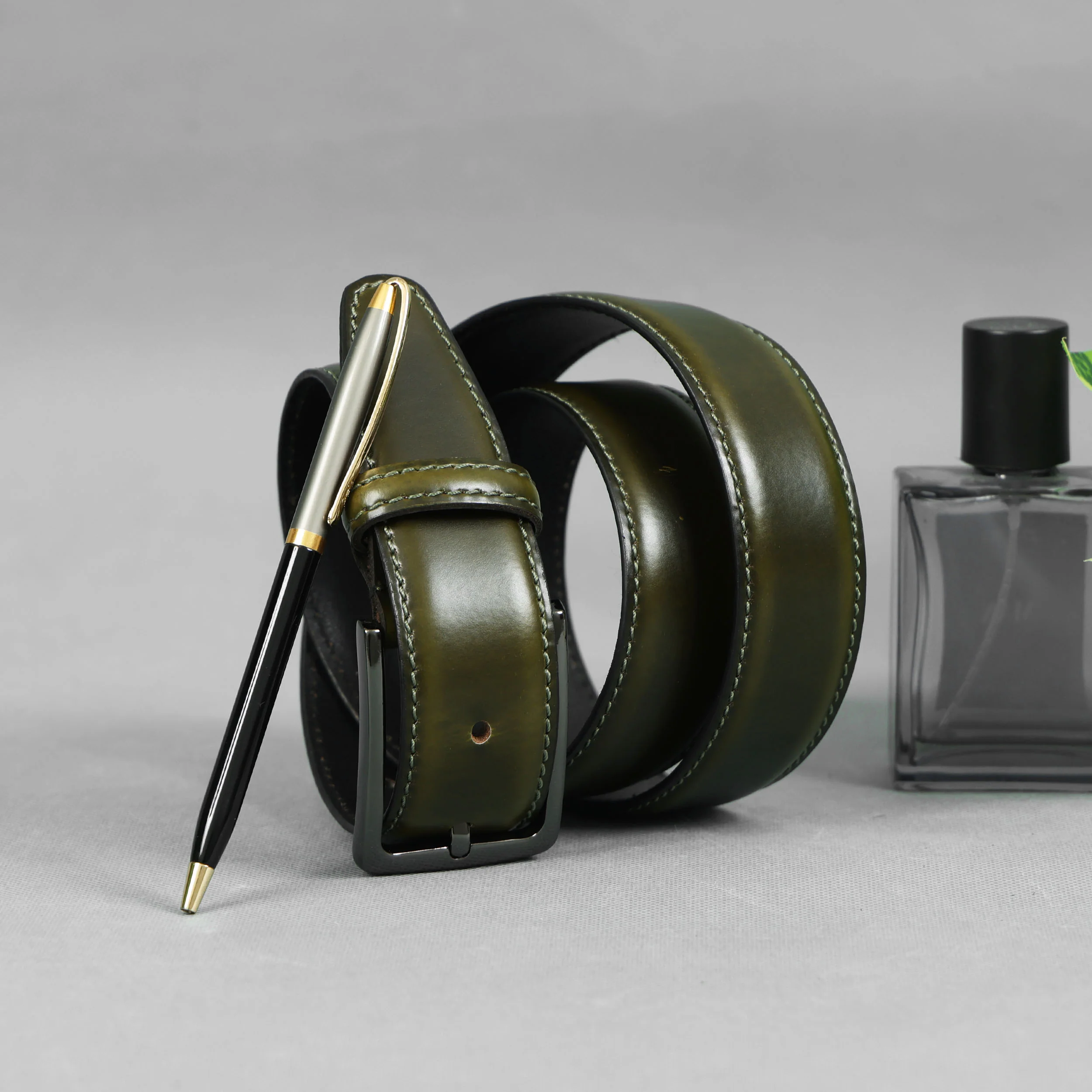 Unisex Premium Olive Leather Belt With Polished Buckle For Formal Casual Daily Wear - Image 7